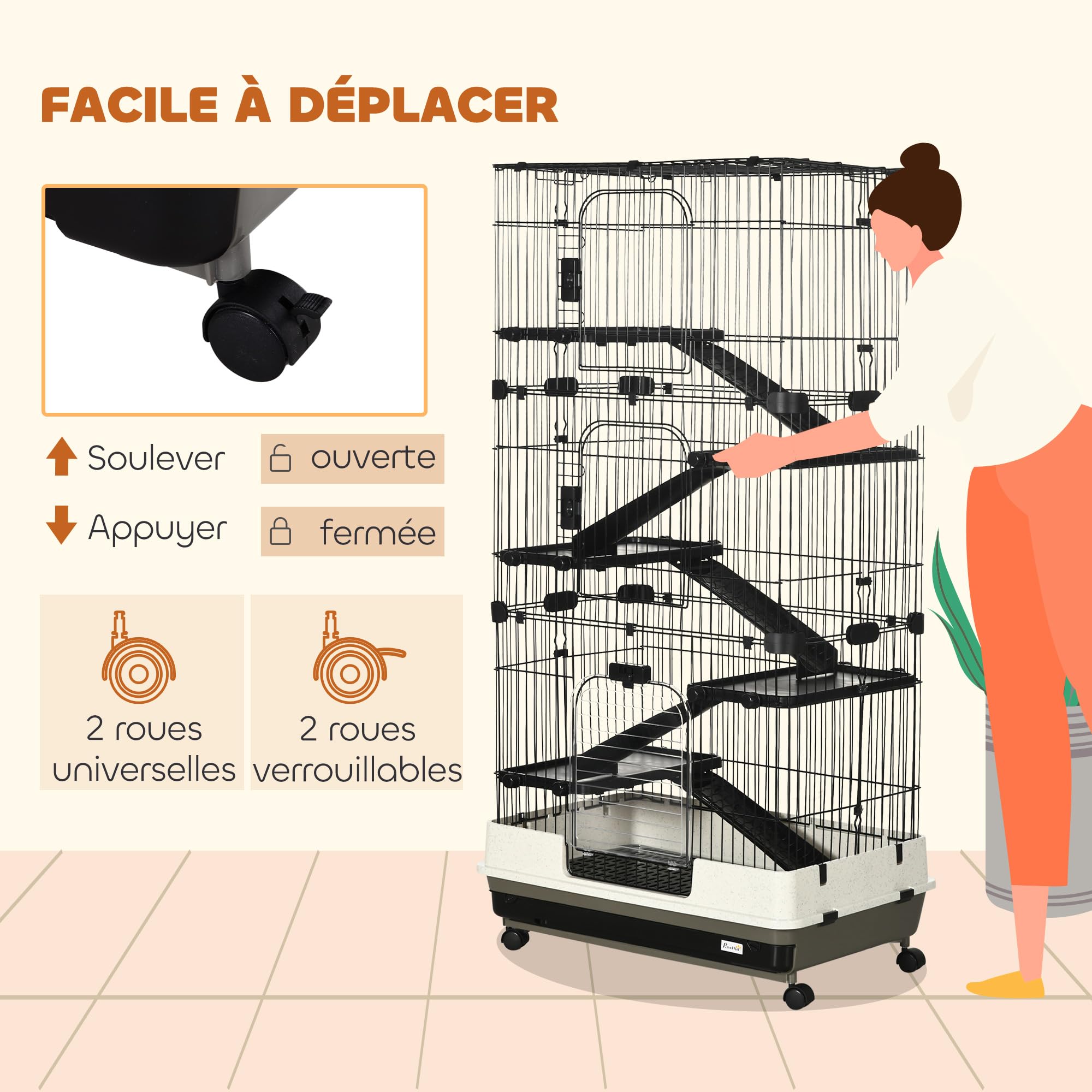 PawHut Grande Cage Enclos Lapin à 5 Niveaux 3 Portes 81 x 52,5 x 159 cm