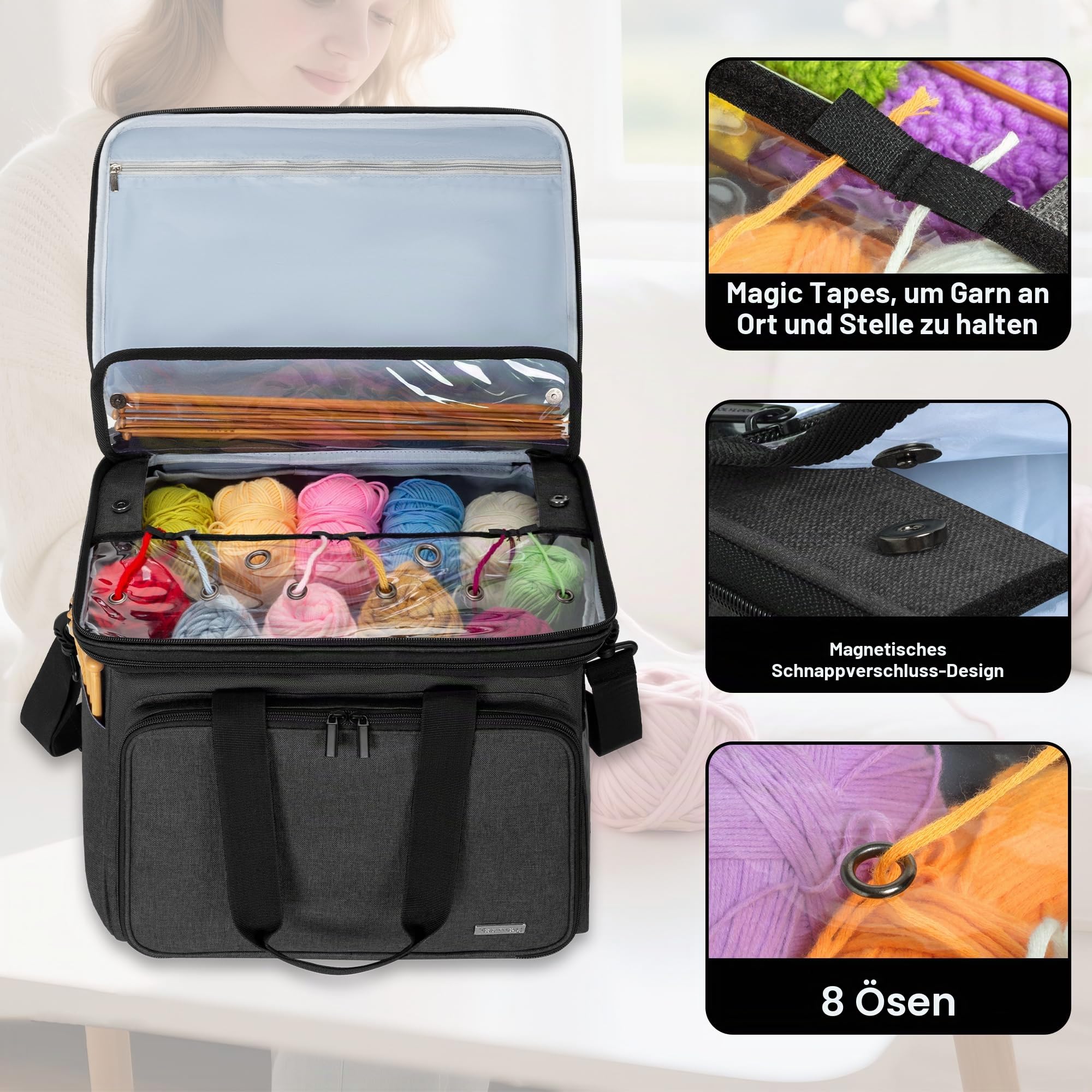 Teamoy Tragetasche für die Aufbewahrung von Wolle, Strick-/Häkeltasche mit mehreren Taschen, Tragegriff und Schulterriemen (kein Zubehör im Lieferumfang enthalten) (groß mit Deckel, schwarz), Schwarz,