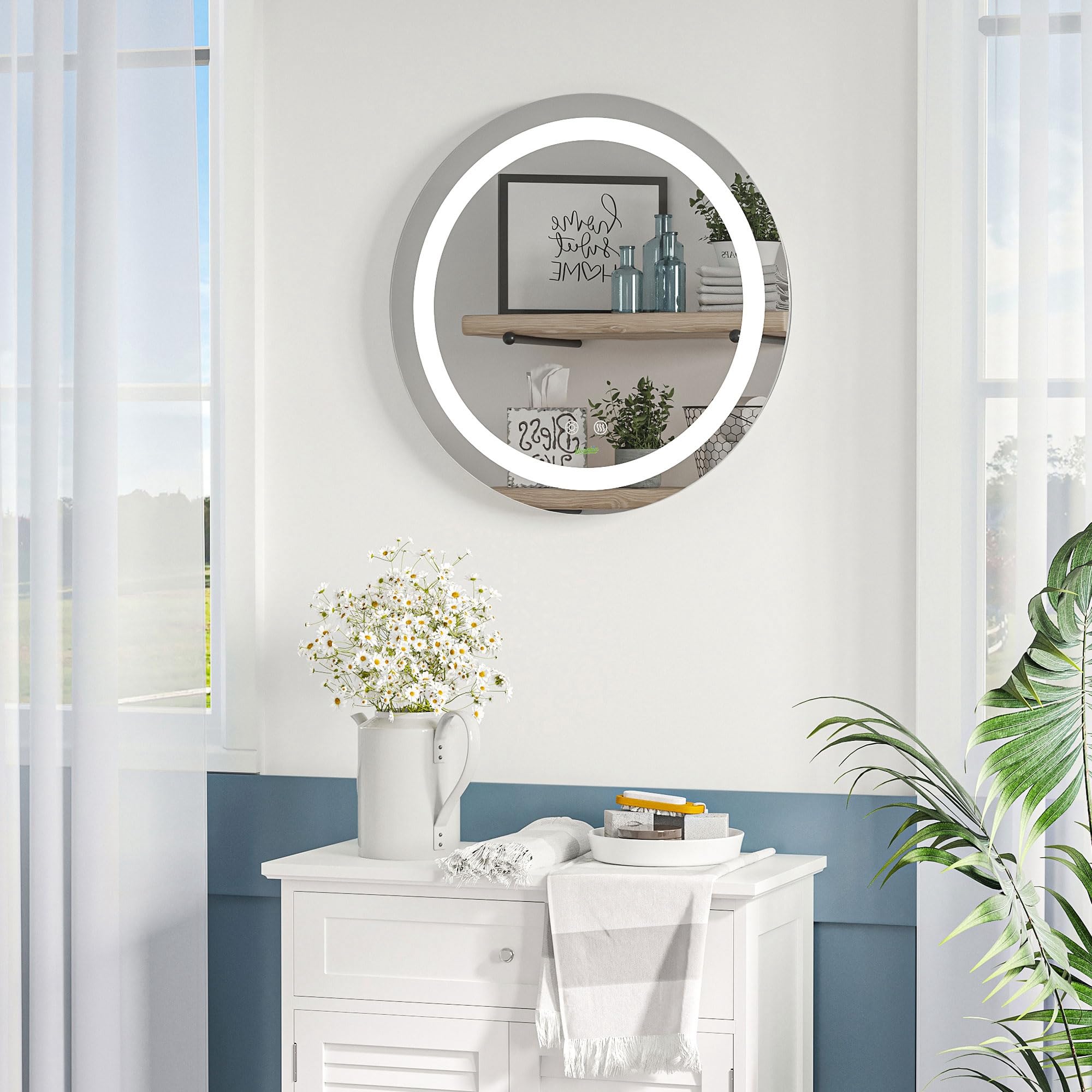 kleankin Espejo de Baño con Luz LED Redondo Ø50x4,6 cm Plata | De Pared, Interruptor Táctil, 3 Luces Ajustables, Función de Memoria, Antivaho, Marco de Aluminio, Pequeño