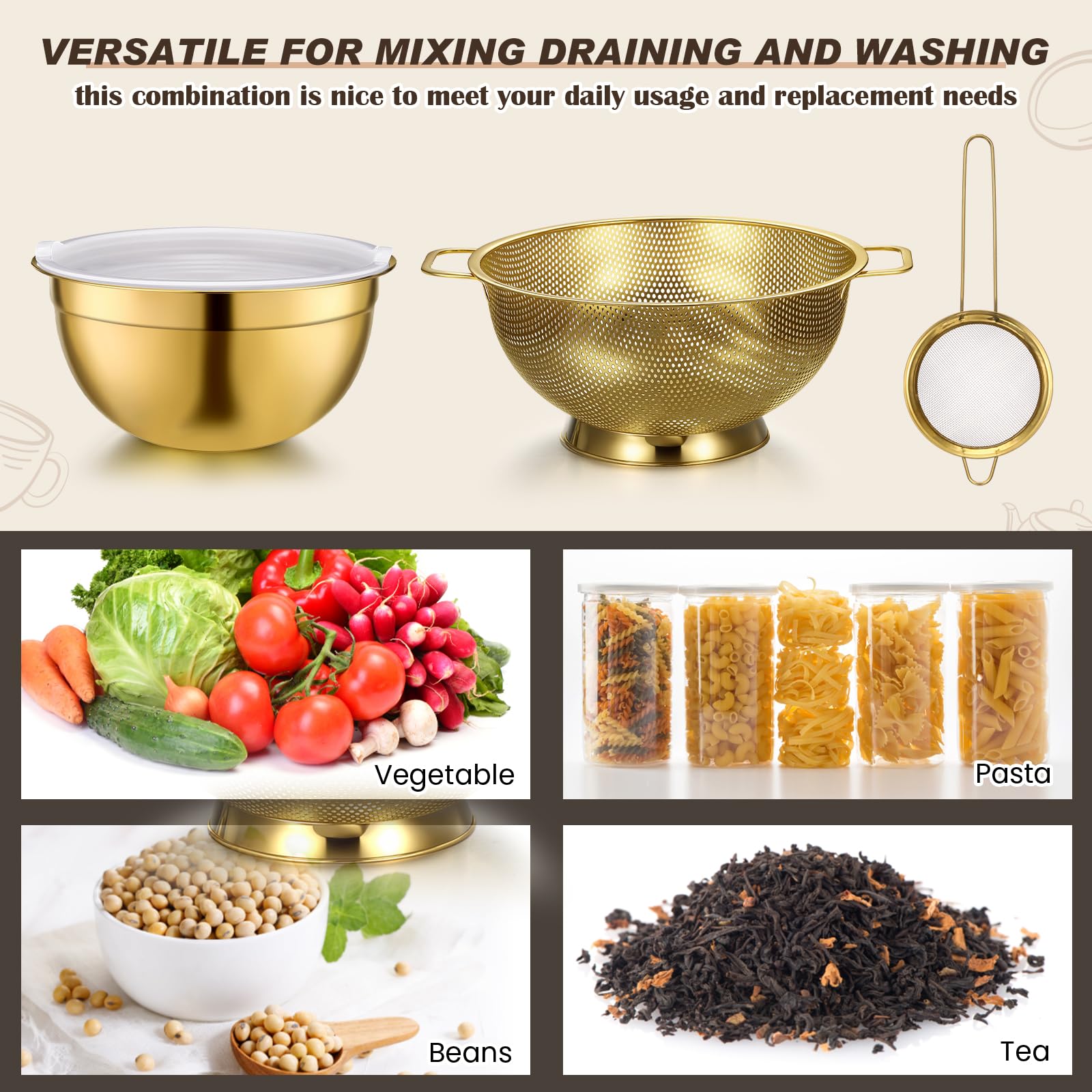 Baderke 6-teiliges goldenes Küchenzubehör-Set, inklusive Rührschüsseln mit luftdichten Deckeln, 4 l Edelstahlsieb, Reibe mit Griff und feinmaschigem Sieb für die Küche