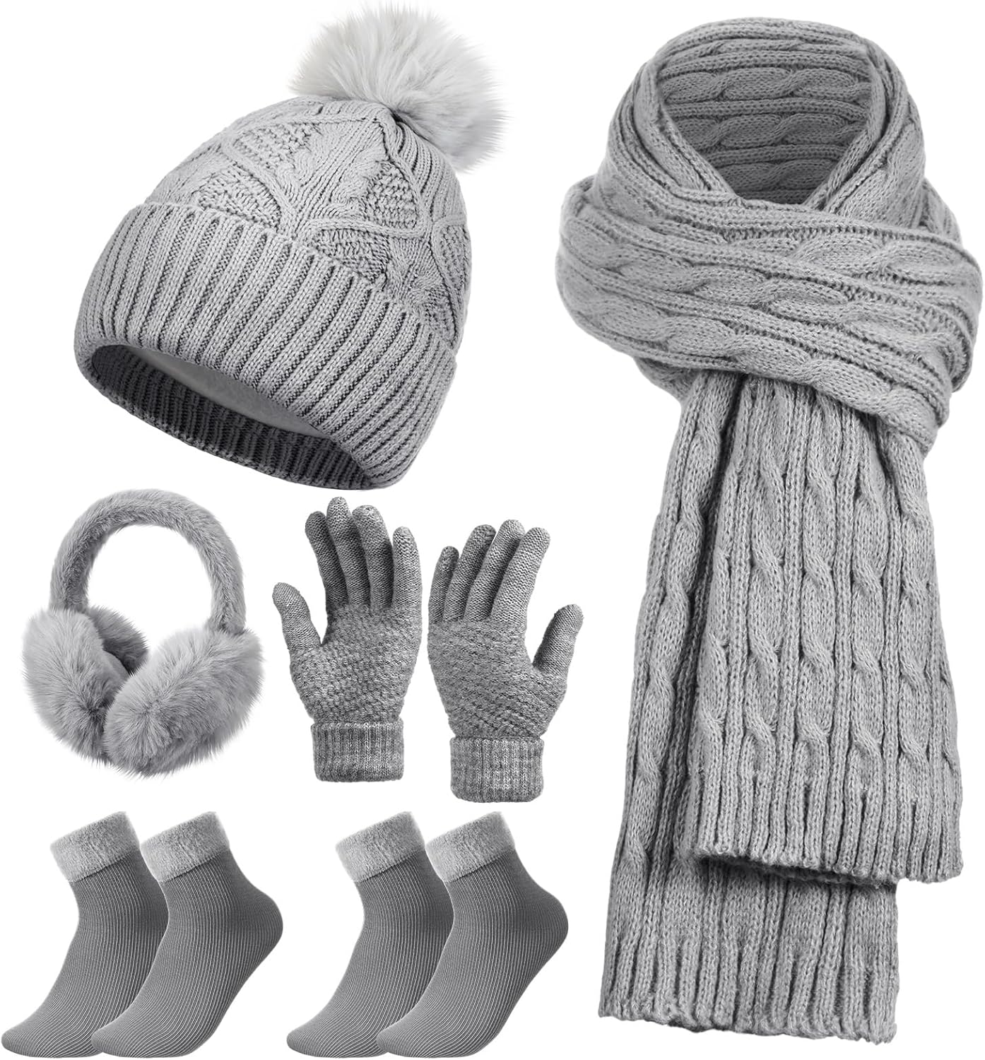 Geyoga 6 Pcs Winter Warm Set for Women Warm Beanies Hats Touchscreen Gloves Long Scarf Ear Muffs Socks Winter Gifts for Women