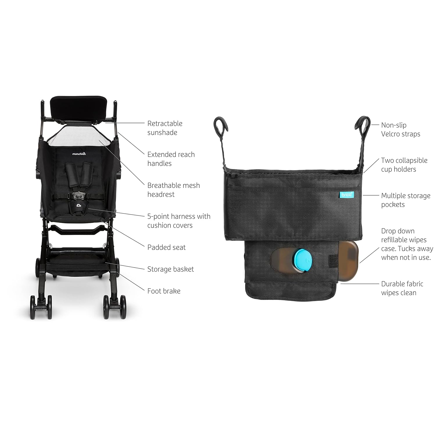 Munchkin Sparrow Ultra Compact Lightweight Travel Stroller for Babies & Toddlers and Stroller Organizer Bag, Black