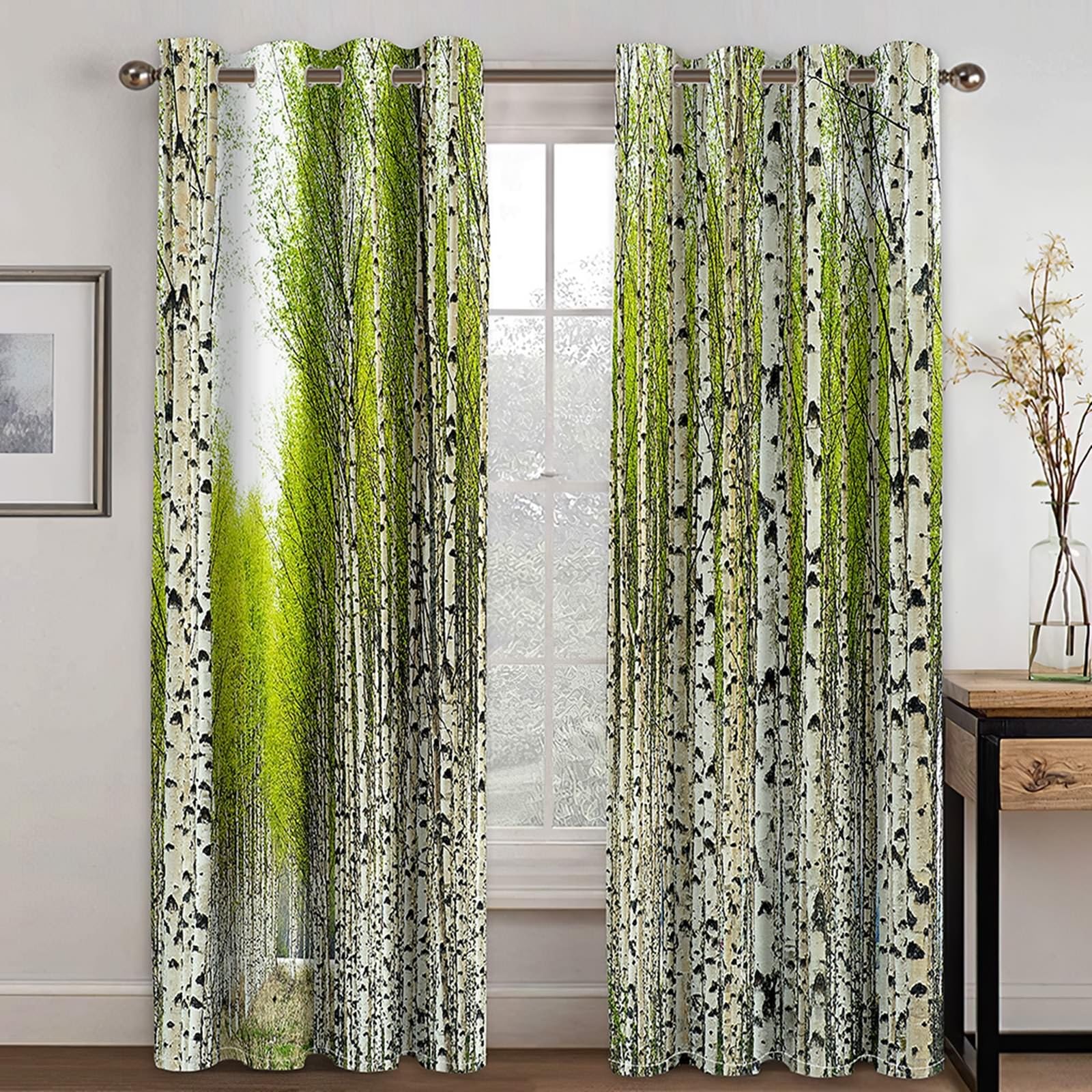 Zasłony zaciemniające o długości 137 cm, zasłony zaciemniające do pokoju, 2 zestawy paneli 34 szer. x 137 cm dł. brzozowy las, zasłony termiczne do sypialni