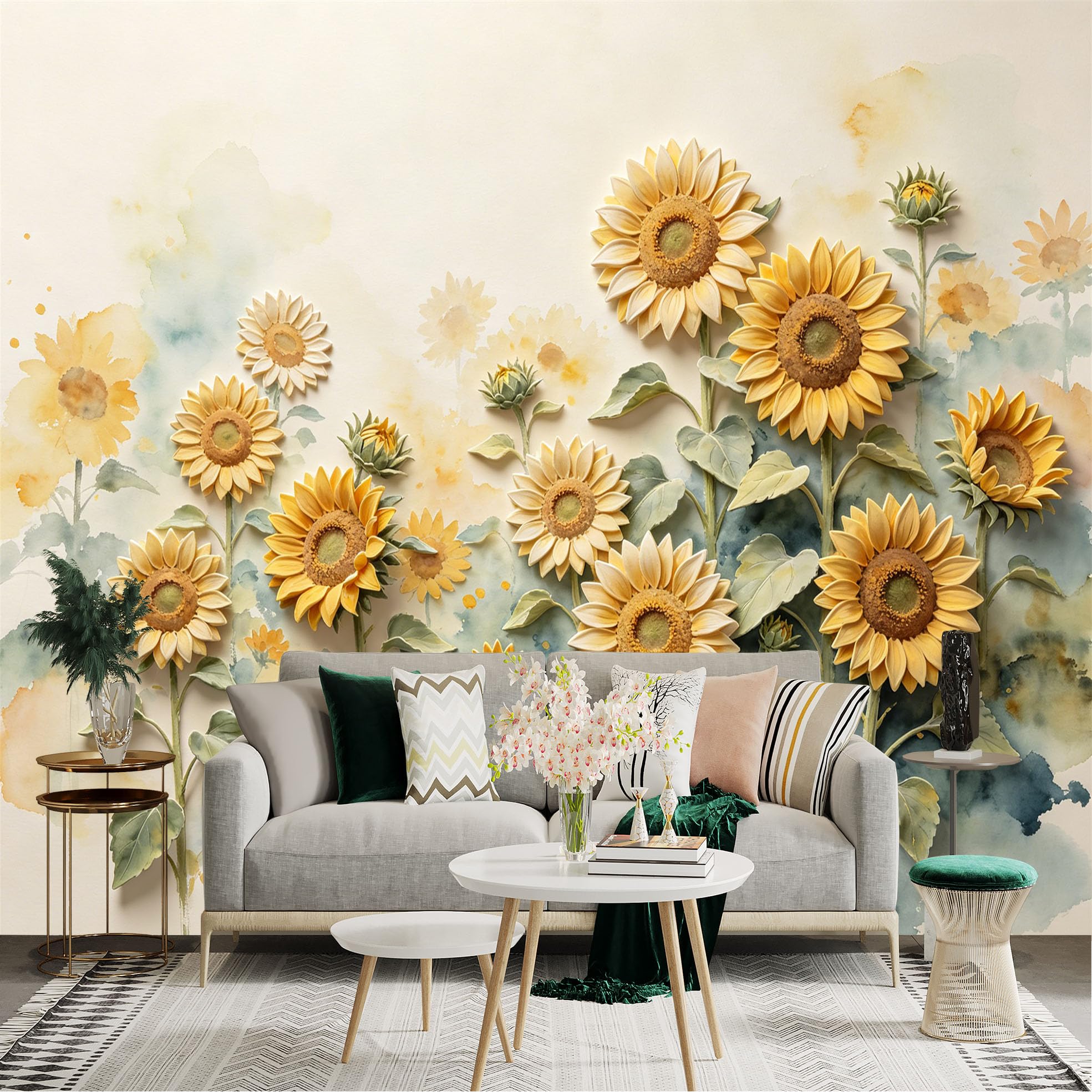 Lnzczhyre Dbh260521931 Custom Size Wall Sticker Mural， Watercolor Sunflowers， Bright Yellow Floral Art， Summer Botanical Bloom， For Wall Decoration， Peelandstick Wall Decals.