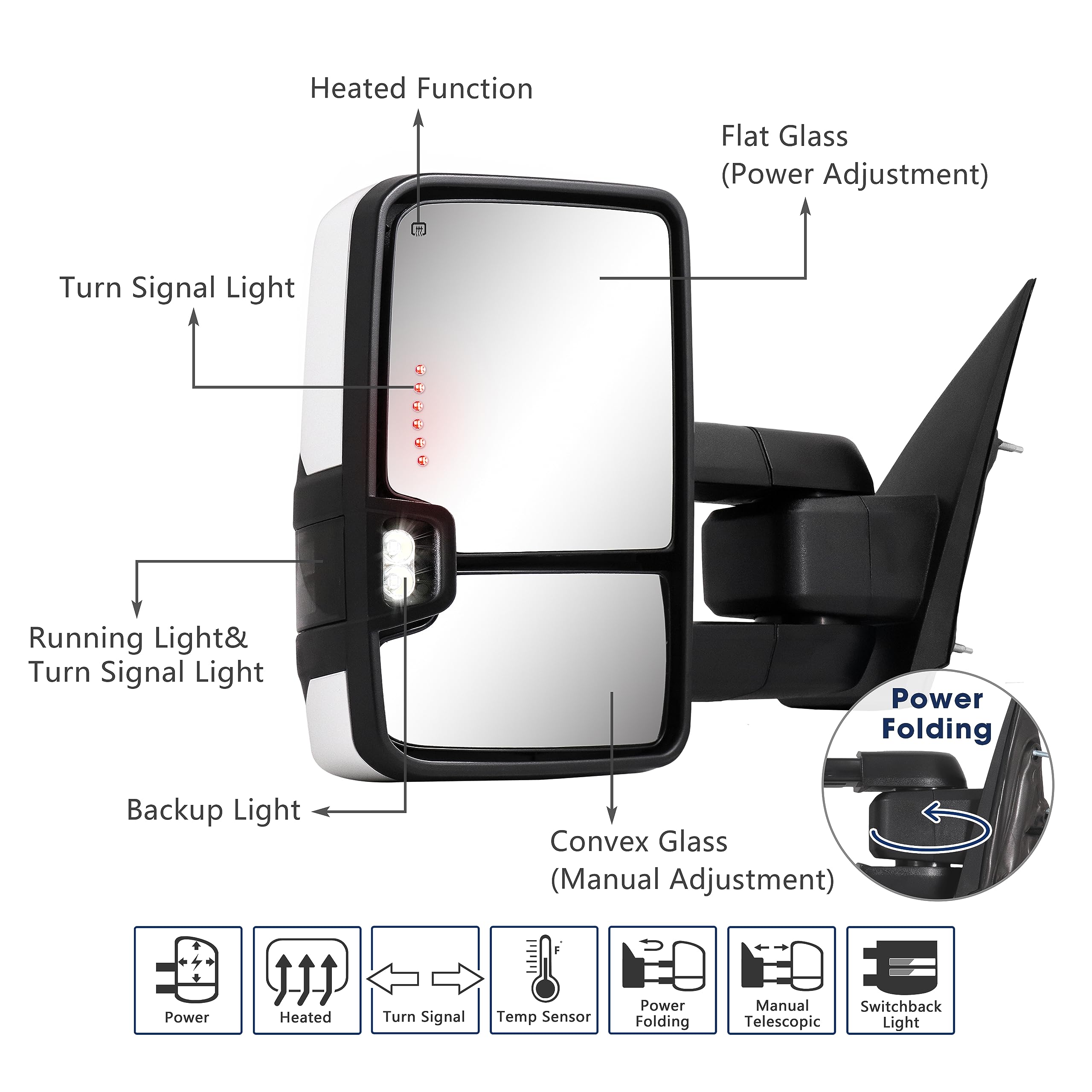 Specchietti Silverado 2014-2018 LEDKINGDOMUS Coppia Specchi Riscaldati Per Traino Chevy Silverado 1500 2014-2018 - Estendibili, Con Frecce Specchi Rimorchio Riscaldati Chevy