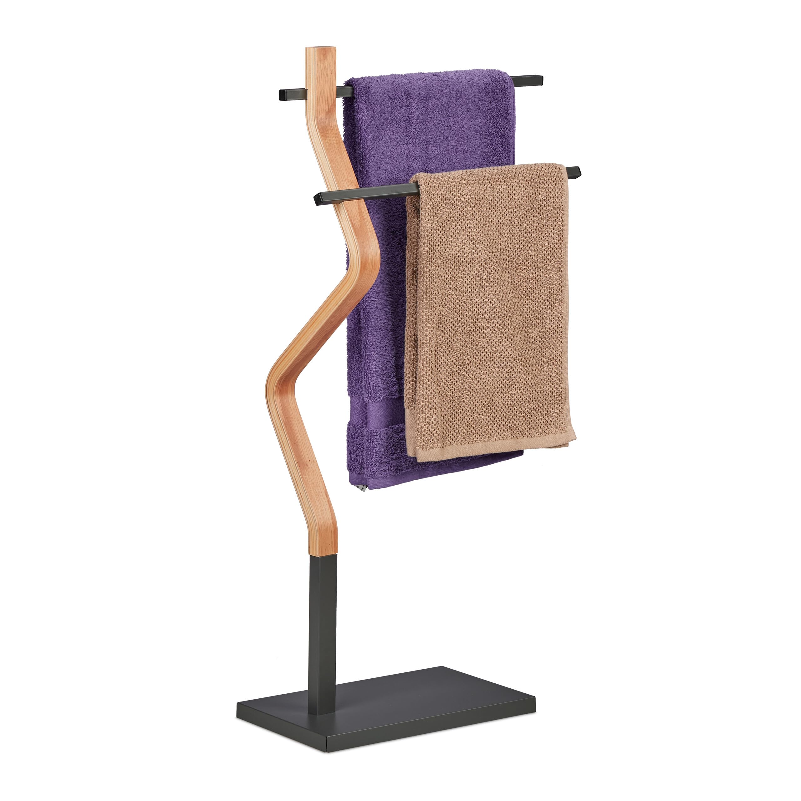 Relaxdays Porte-Serviettes au Design Original, 2 Barres en métal, Acier et MDF, HLP : 85x43,5x20 cm, Nature et Gris