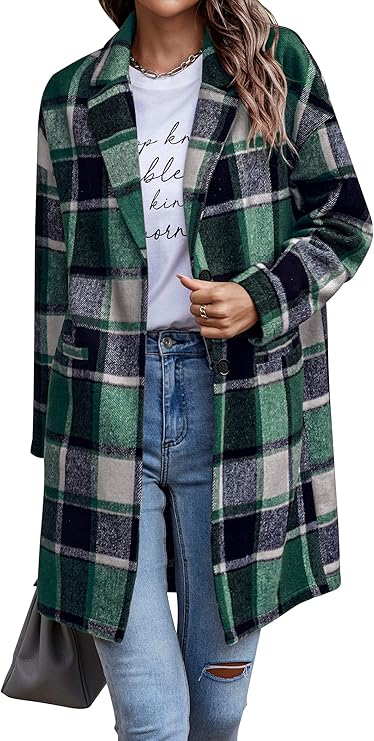 PRETTYGARDEN Women Plaid Shacket Jacket Trendy Fall Casual Button Wool Blend Tartan Trench Coat Winter Clothing with Pockets