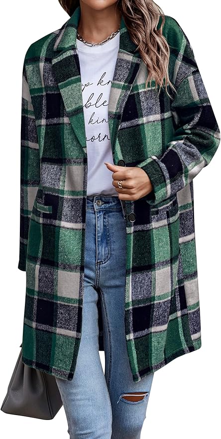 PRETTYGARDEN Women Plaid Shacket Jacket Trendy Fall Casual Button Wool Blend Tartan Trench Coat Winter Clothing with Pockets