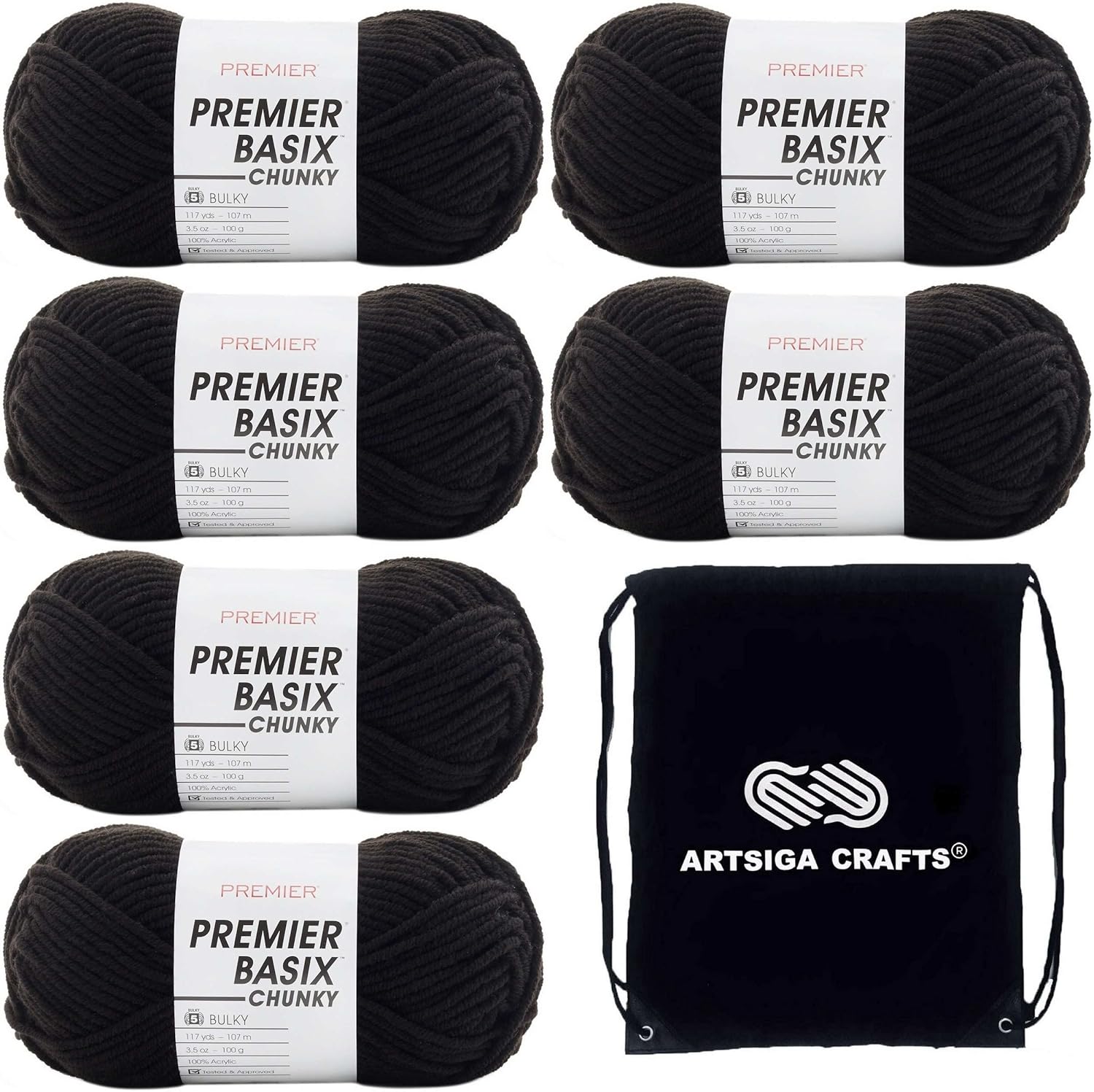 Premier Yarns Basix Chunky Black 1145-42 (6-Skeins - Same Dye Lot) Chunky Bulky #5 Acrylic Yarn for Crocheting and Knitting with Project Bag