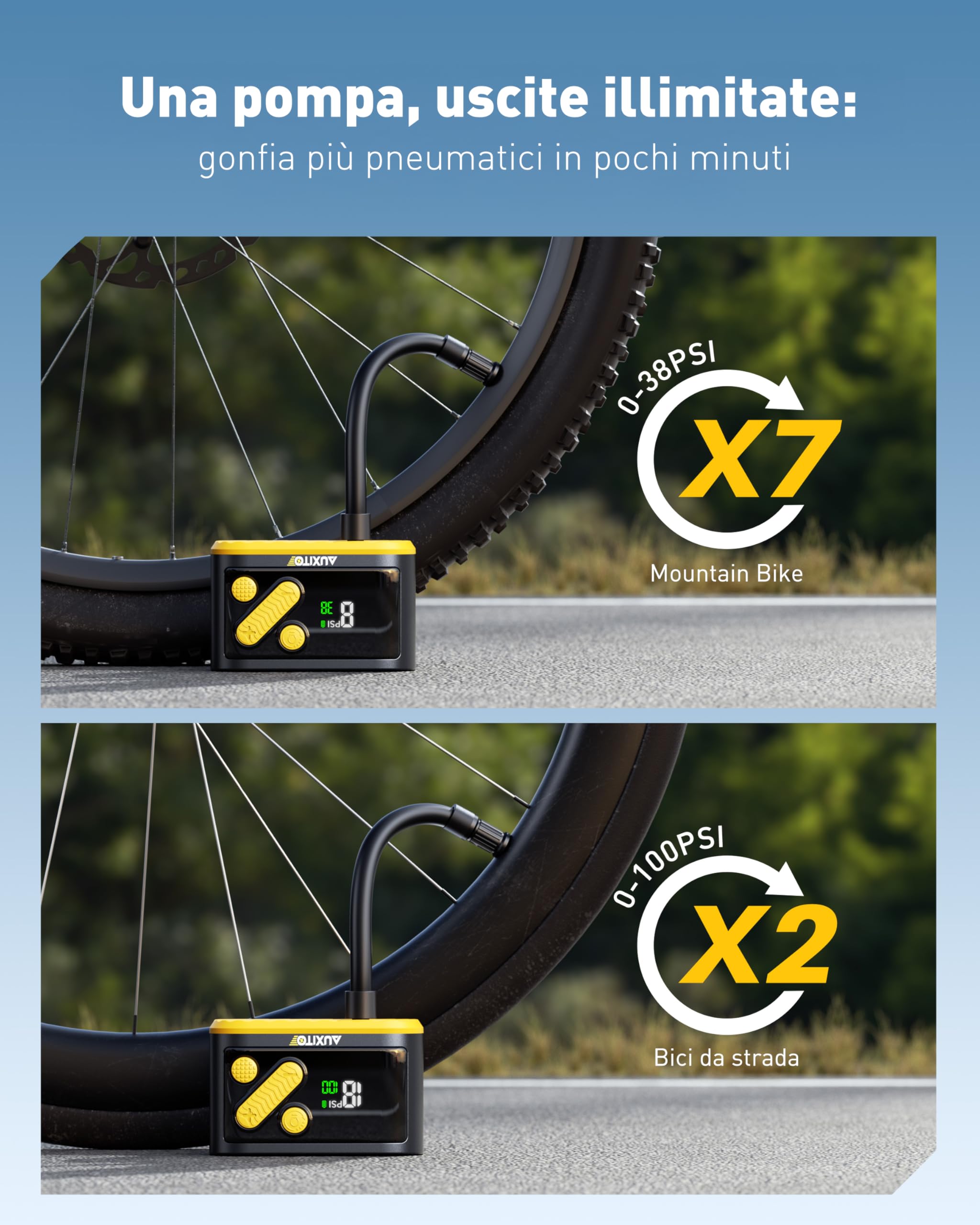AUXITO Pompa Per Bicicletta Portatile,Pompa Elettrica da 120 PSI Con Adattatore Per Valvola Presta e Schrader,Accessorio Per Bicicletta per Bici da Strada,Mountain Bbike,Bici Elettrica, Motocicletta