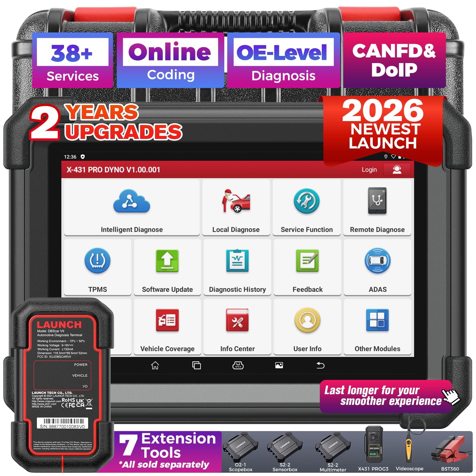 LAUNCH X431 PRO Dyno OBD2 Scanner for All Cars, ECU Coding, All System Bi-Directional Scan Tool, 37+ HOT Functions, CAN-FD, DoIP, 7 Add-on Tools, Immobilizer, TPMS, 2 Years Free Update