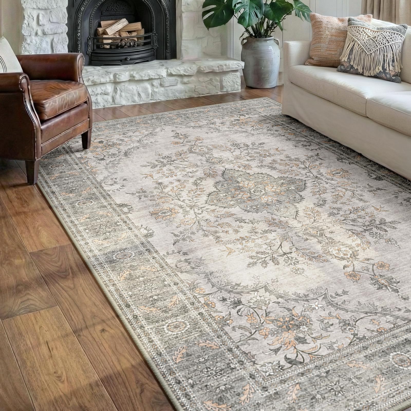 DEFYNEE Rugs Living Room 150 x 210 cm, Washable Rug for Bedroom, GreyBeige