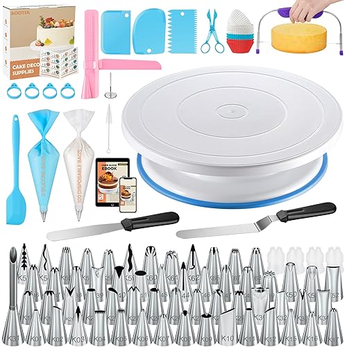 Kootek 230PCs Cake Decorating Supplies Kit, Cake Turntable, 100+2 Piping Bags, 50 Disposable Cupcake Liners, 58 Icing Piping Tips, 3 Icing Scrapers, 2 Spatulas, Cake Leveler and Other Baking Tools