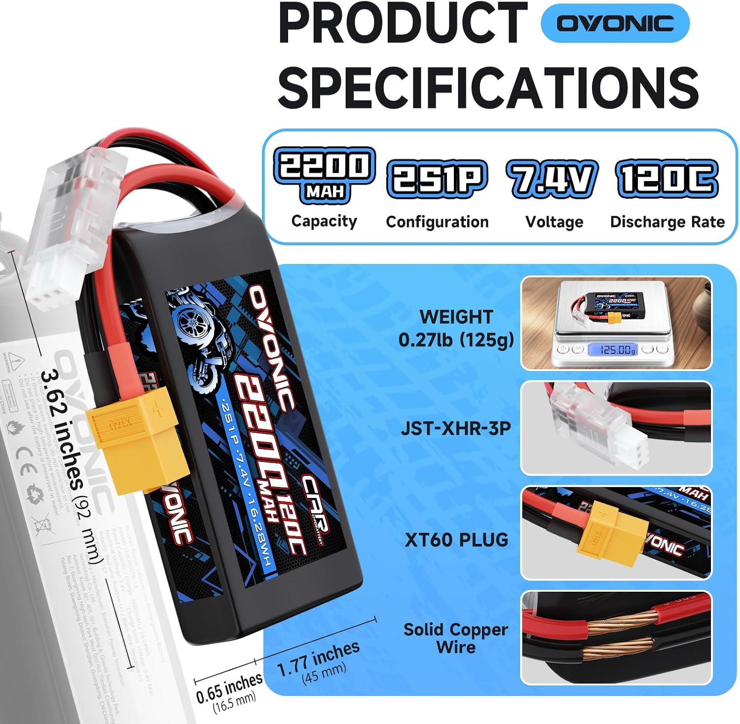 OVONIC 2S Lipo Battery 7.4V 2200mAh 120C with XT60 to TRA Connector for RC Car Truck Vehicles Boat Drone Airplane Quadcopter Helicopter FPV Racing Hobby Models Pro Truck Boat Jet Basher 2 Batteries