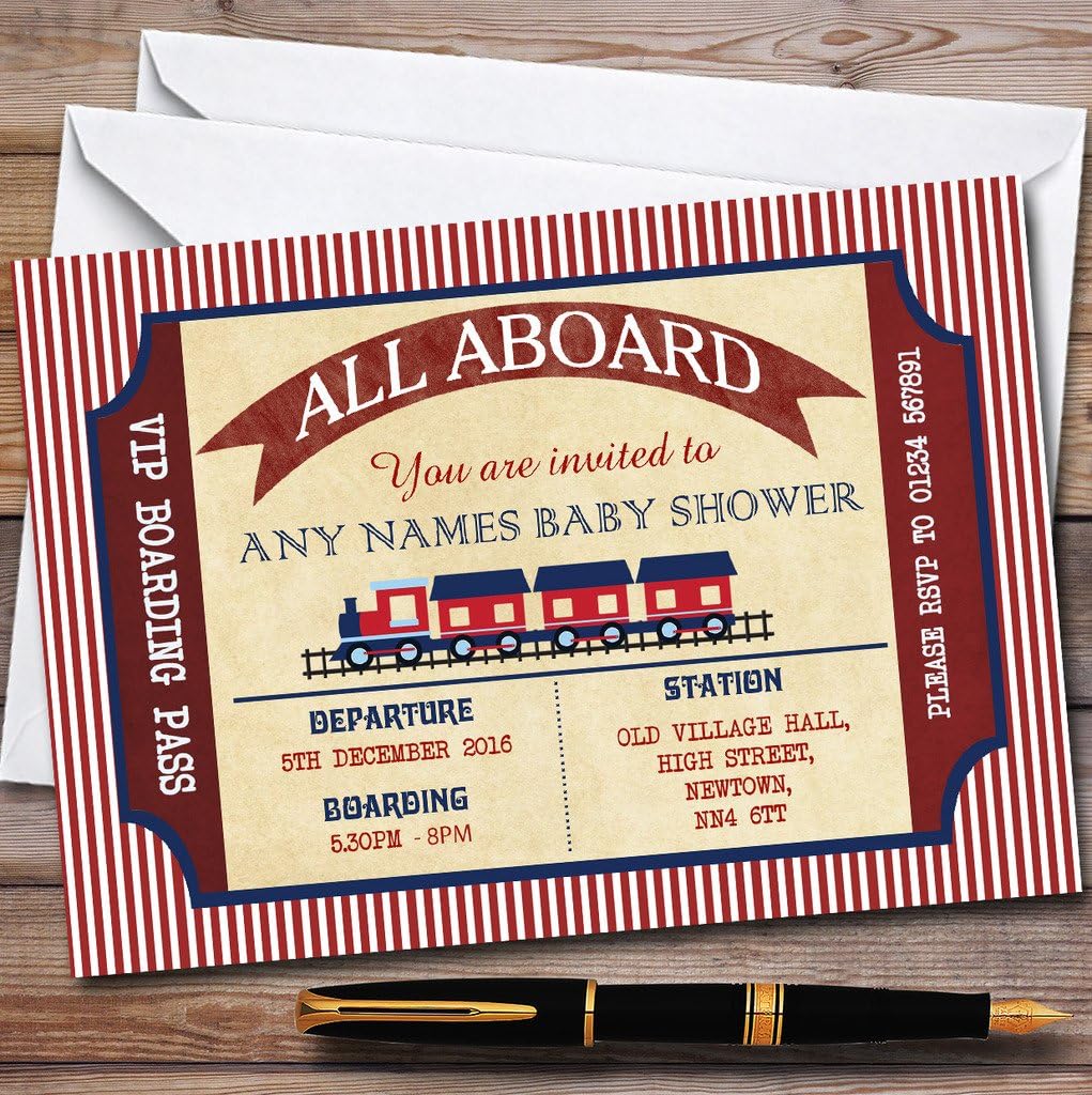 Red & Blue Boarding Pass Train Invitations Baby Shower Invitations