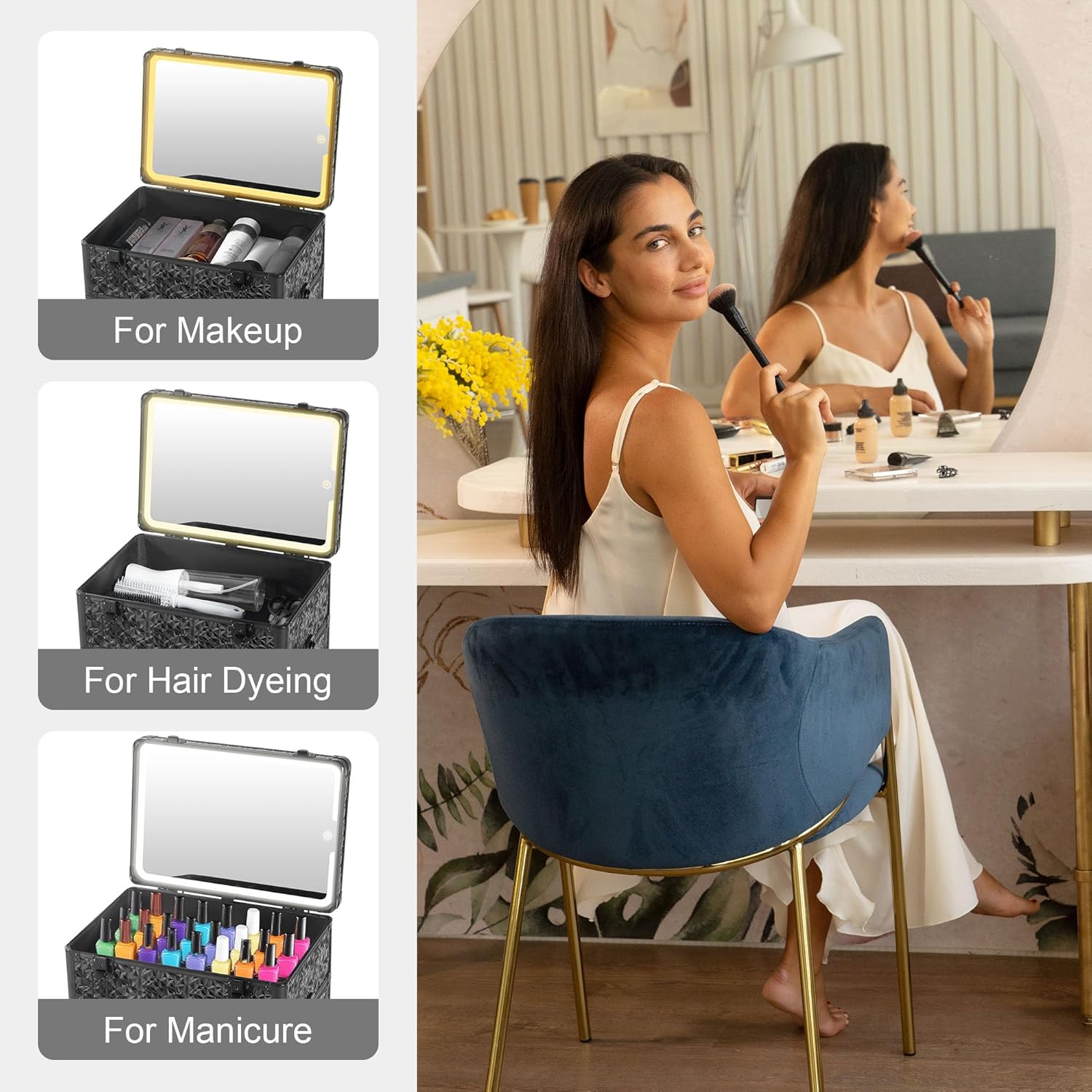 Rolling Makeup Case with Lighted Mirror, Makeup Train Case with Large Drawer, Cosmetology Case, Travel Makeup Organizers, Professional for Salon Barber, Nail, Tattoo, Black - Image 7