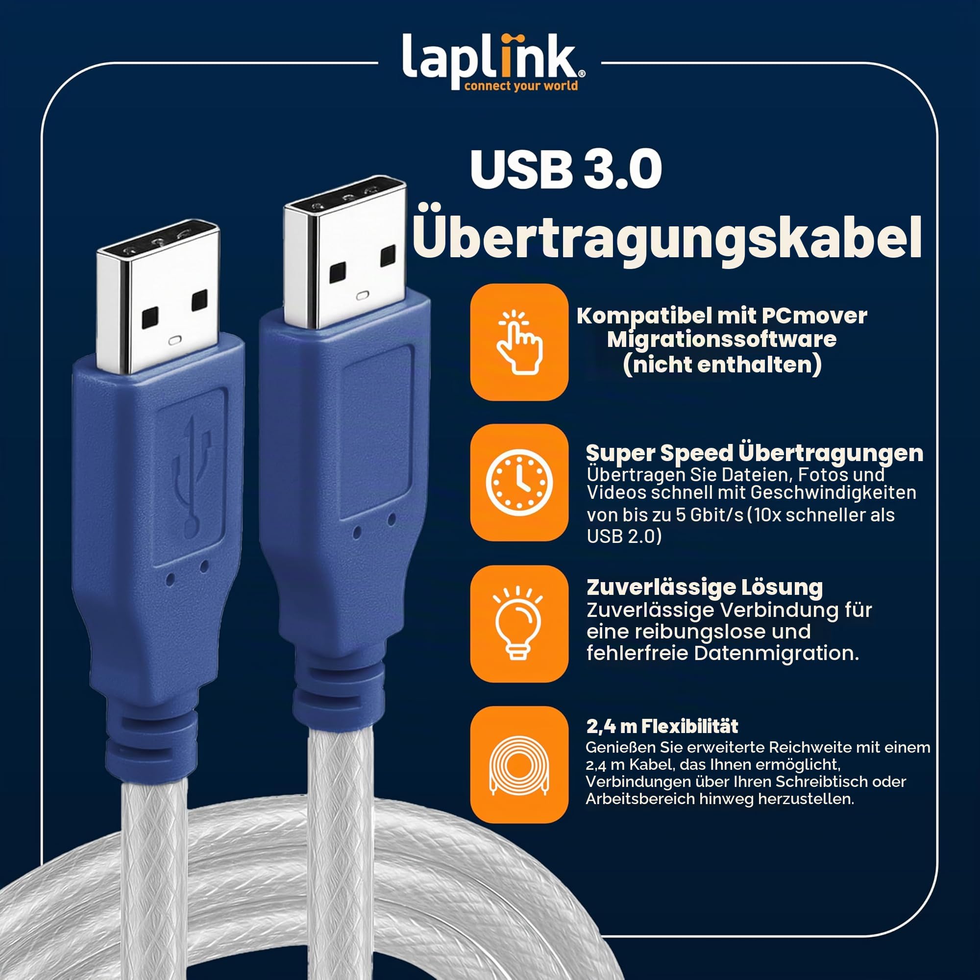 LAPLINK USB 3.0 Super Speed Kabel – 5 Gbit Transferkabel für PCmover, 5.000 Mbit USB 3.0 Kabel, Datenkabel, USB Port, Typ A Stecker, 1.80 m - 1 STK