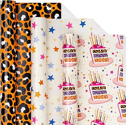 LeZakaa Rollo de papel de regalo de cumpleaños, diseño de leopardo, pastel de feliz cumpleaños, estrella para niñas, niños, adultos, amigos, 17 x