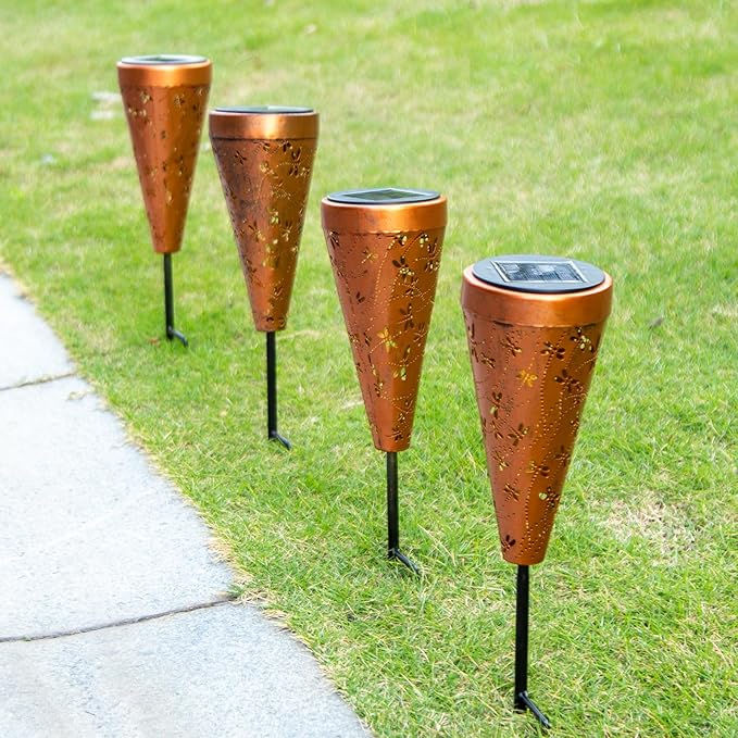 Light up your garden with the gorgeous and imaginative DIBIEECN Solar Garden Decor. With retro gold and copper exteriors and an irregular pattern inside, this solar lantern casts a bright, warm light with a Dragonfly pattern, making it the perfect choice for pathway decoration. The high-efficiency solar panel collects sunlight during the day to charge for 6 hours, providing at least 8 hours of illumination in darkness. Plus, with its waterproof rating of IP65, this durable and eco-friendly solar light can work even on rainy days.
