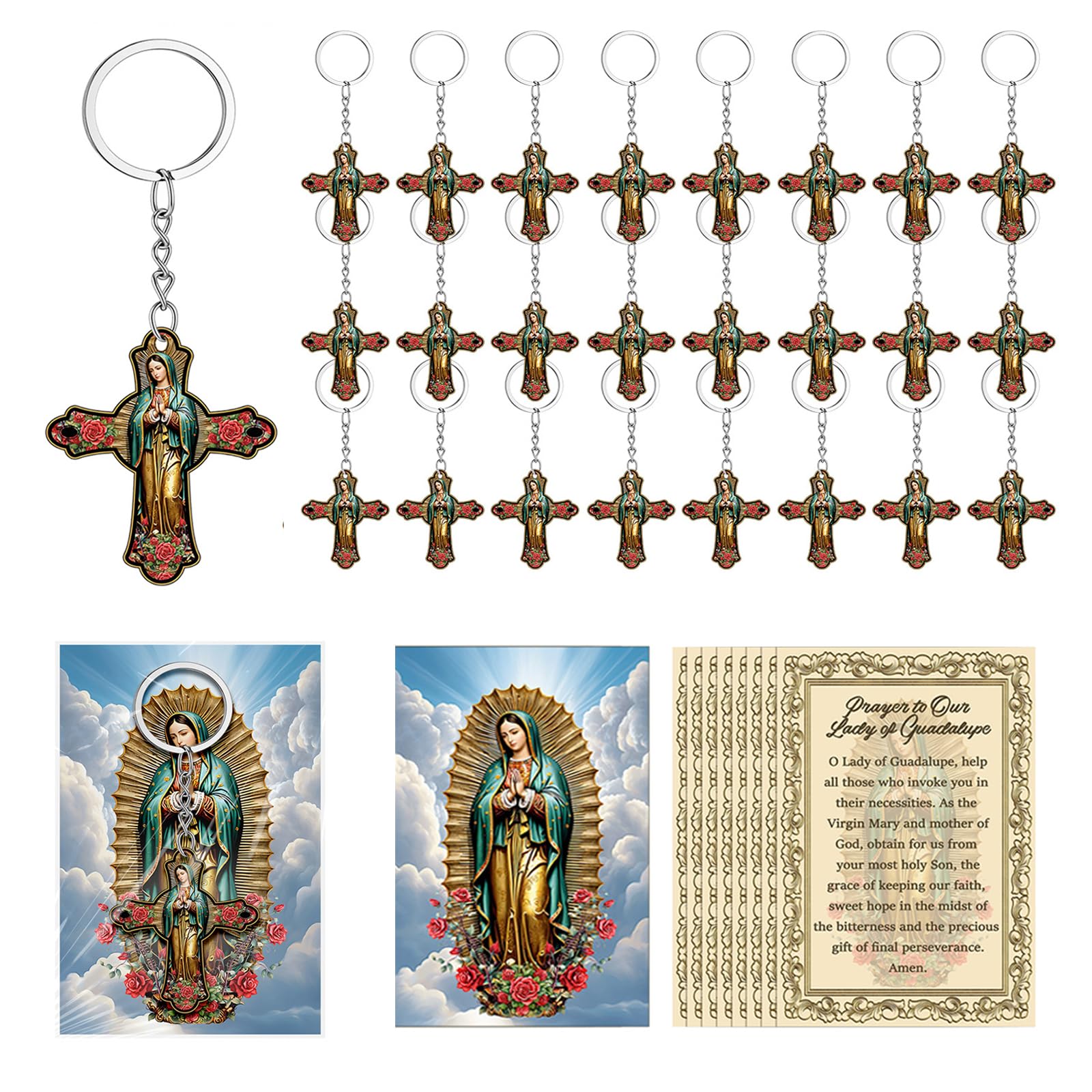 Highergo 60 Sets Virgin of Guadalupe Keychains Gifts Baptism Favors for Guests Catholic Prayer Cards Religious Souvenirs (Guadalupe Cross)