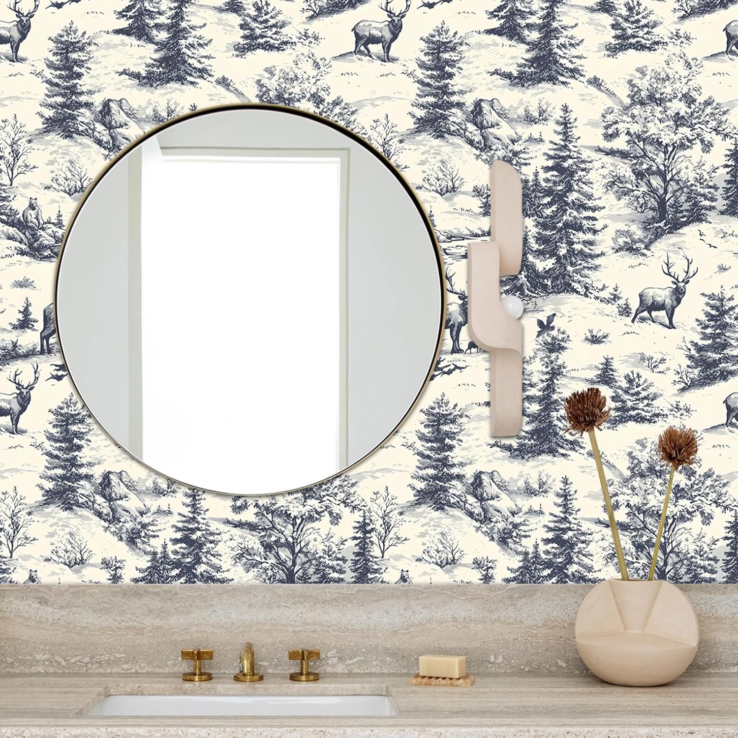 Forest Wallpaper Peel and Stick Self Adhesive Vintage Beige Black Botanical Deer Bear Cedar Tree Animals Contact Paper Removable Waterproof for Bedroom Renter Friendly 17.71"x118.1"