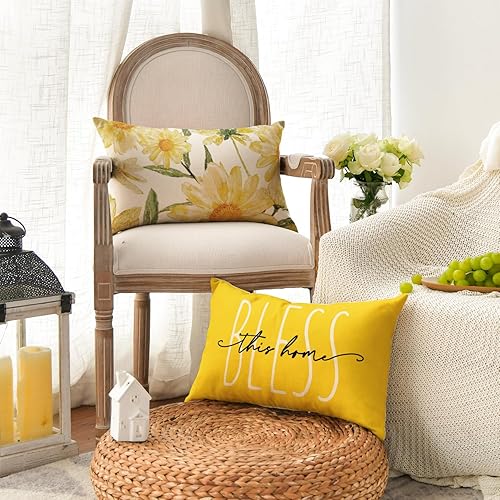Miniatura 3 de AVOIN colorlife Home Sweet Home - Juego de 4 fundas de almohada amarillas para primavera y verano, 12 x 20 pulgadas, funda para sofá