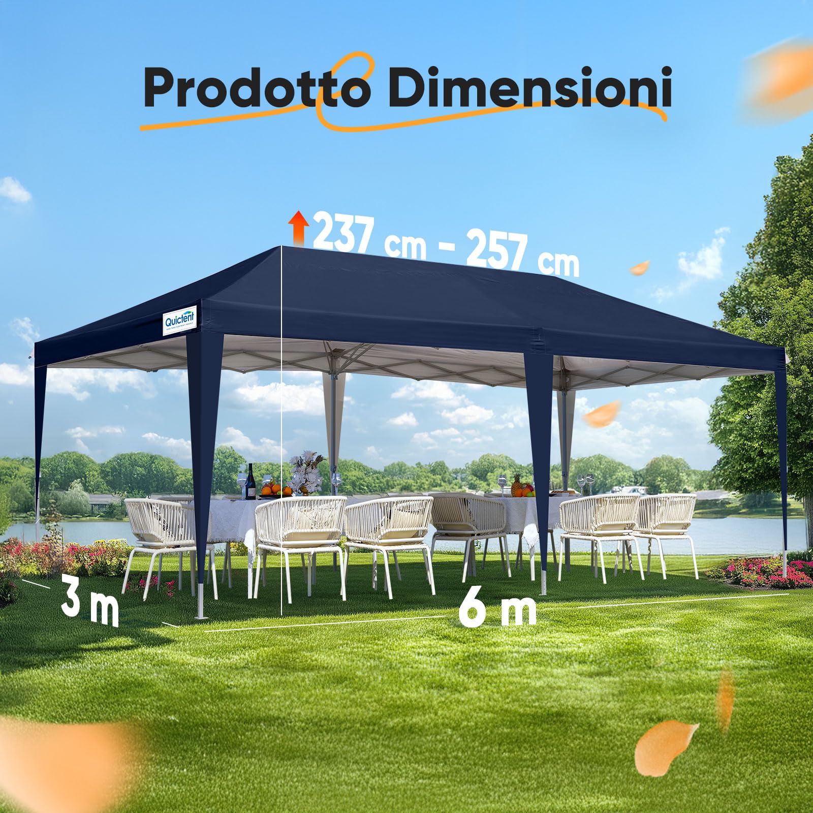 Quictent Gazebo Pieghevole 3x6m con Pareti Laterali con Finestre a Chiesa, Rifugio per Eventi ad Altezza Regolabile, Tenda Portatile per Feste in Giardino e Campeggio, Blu Scuro
