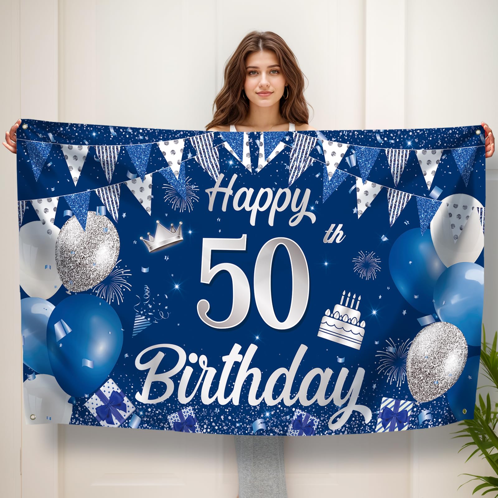 Veraing 50. Striscione di compleanno blu argento, 50. Festone decorativo per festa di compleanno, 50° compleanno, 50° compleanno, donna, striscione extra grande, decorazione per feste di compleanno