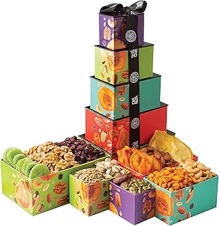 Oh! Nuts 5 Tier Gift Tower - 12 Assorted Dried Fruits and Nuts Gift Basket - Gourmet Healthy Snack Boxes for Holiday, Birthday, Thank You, Corporate Gifting, Parties & Family Celebrations