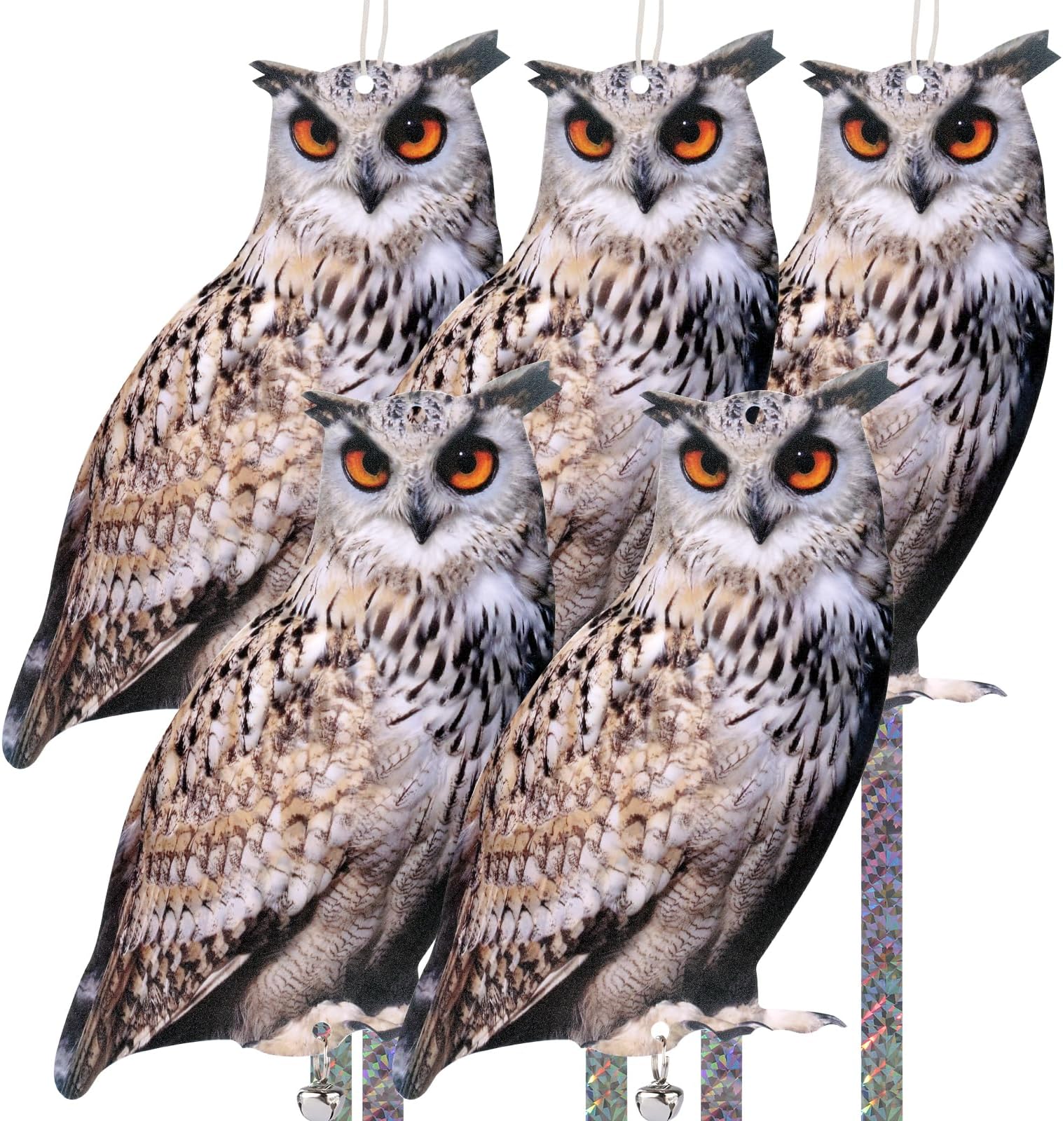5 Pack Owl Scare Reflective Hanging Owl Decoration, Effective Owl Control Device to Scare Animals Pigeon Woodpecker Away from Patio Garden