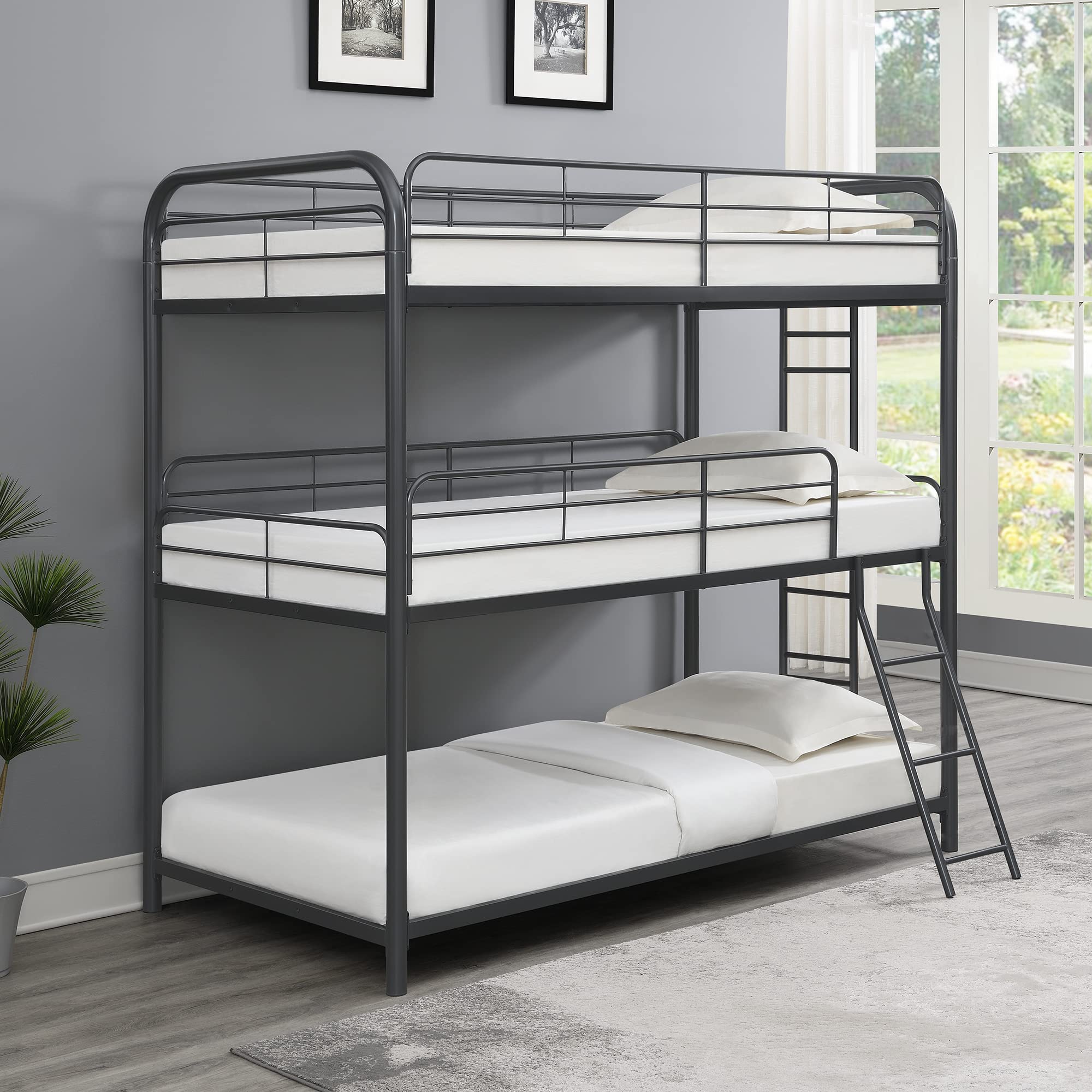 Twin Over Twin Over Twin Triple Bunk Bed Space Saving Bunks with Safety Guardrails and Dual Ladders, Heavy Duty Metal Bunk Bed Frame for Kids, No Box Spring Required, Black