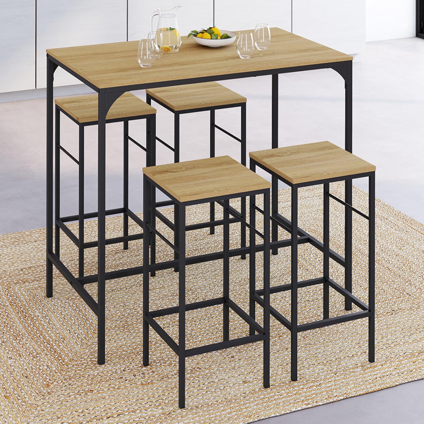 IDMarket - Ensemble Table Haute de Bar Detroit 100 cm et 4 tabourets Bois et métal Noir Design Industriel