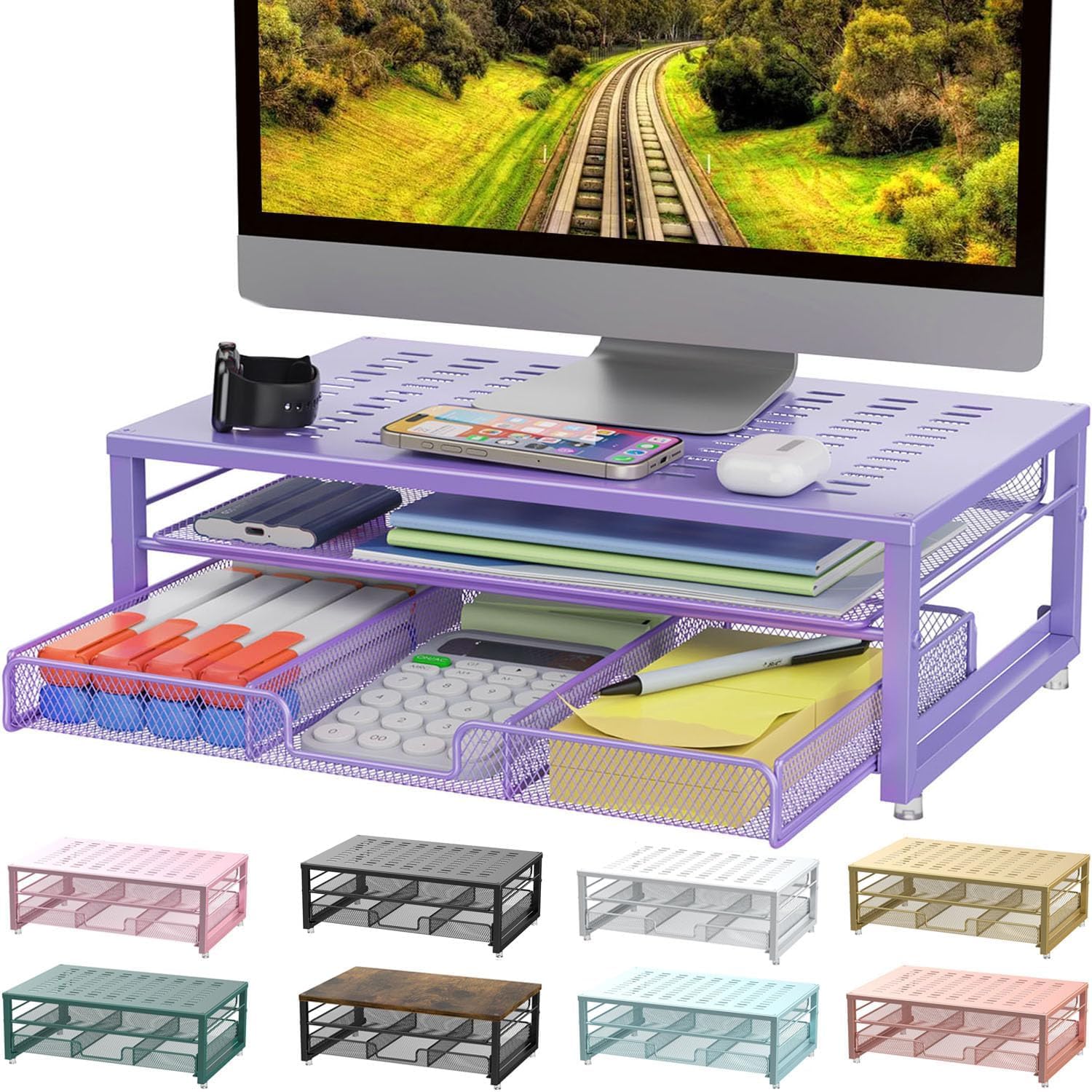 gianotter Computer Monitor Stand Riser, office organizer with Drawer, Office Organizers Storage for Classroom Office Supplies (Purple)