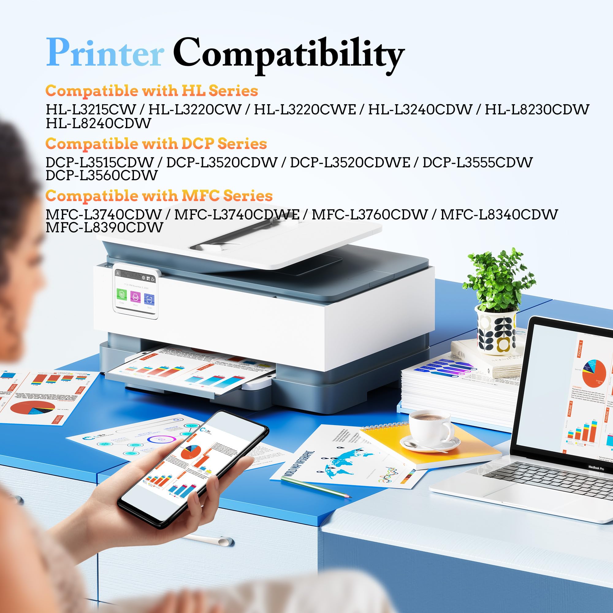 LxTek MFC-L3760CDW - Stampante laser a colori, stampante multifunzione MFC-L3760CDW in bianco e nero, con funzione di copia e scansione, supporto Bluetooth, adatto per carta A4, compatibile con