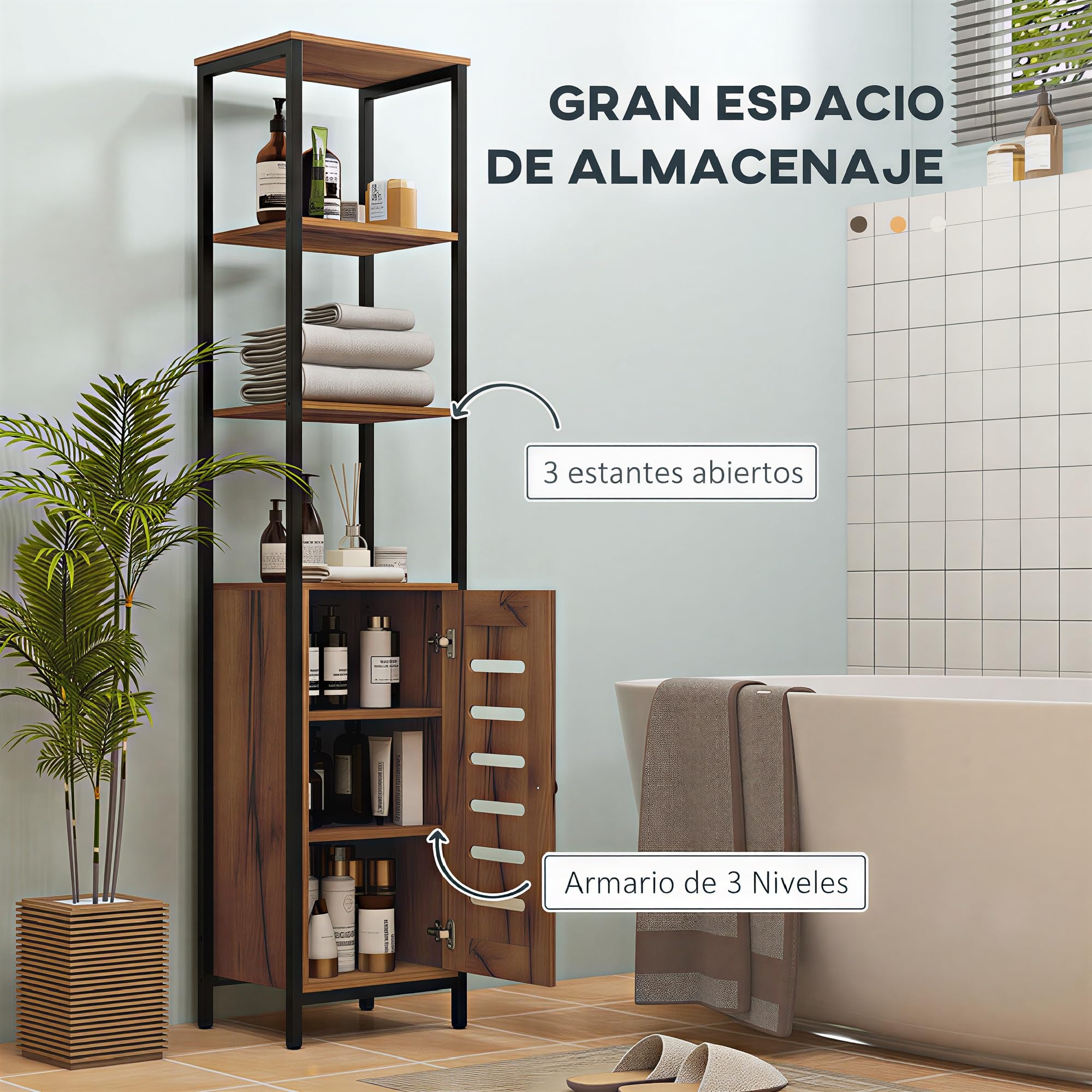 kleankin Armario de Baño Alto con Puerta de Lamas, Estantes Ajustables y Compartimentos Abiertos, Columna de Baño Estrecha, Marco de Acero, 37x30x167 cm, Marrón Rústico