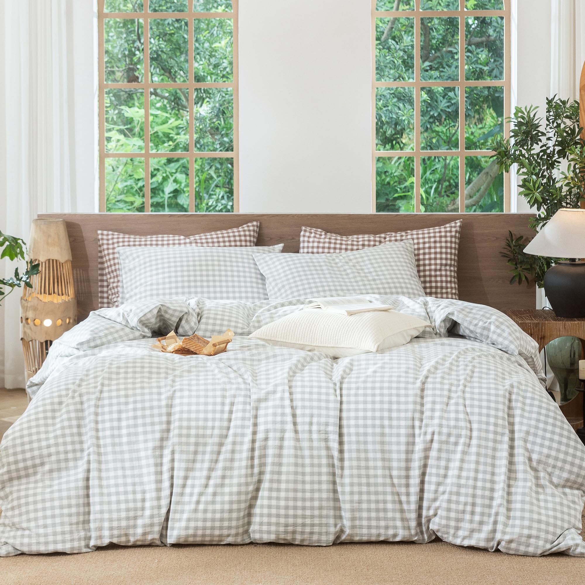 MooMee Gingham Duvet Cover Set 100% Washed Cotton Linen Like Twin
