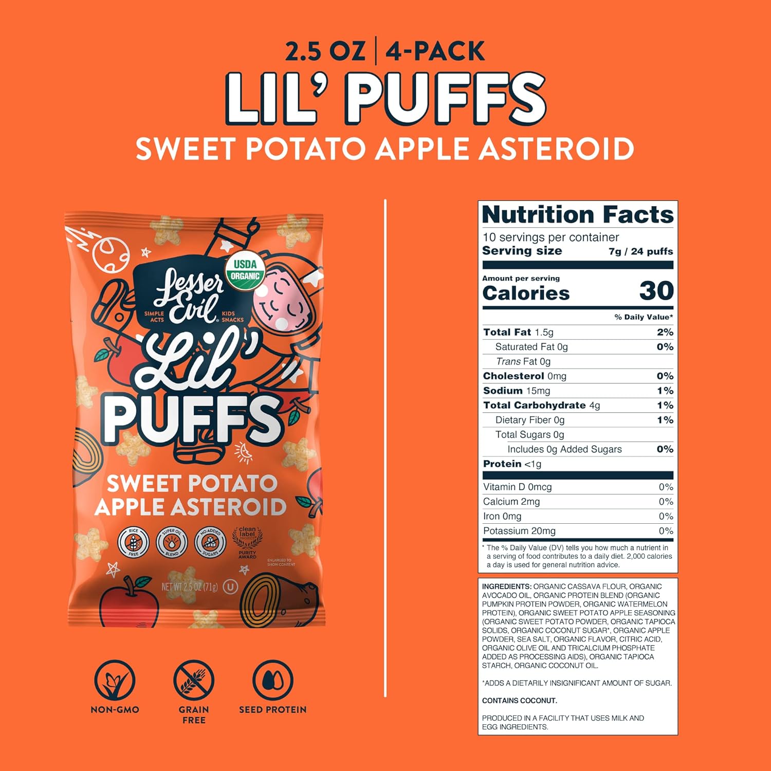 LesserEvil Sweet Potato Apple Lil' Puffs, Organic Snacks for Kids, Rice-Free, 0g Sugar Per Serving, 2.5 Oz, Pack of 5