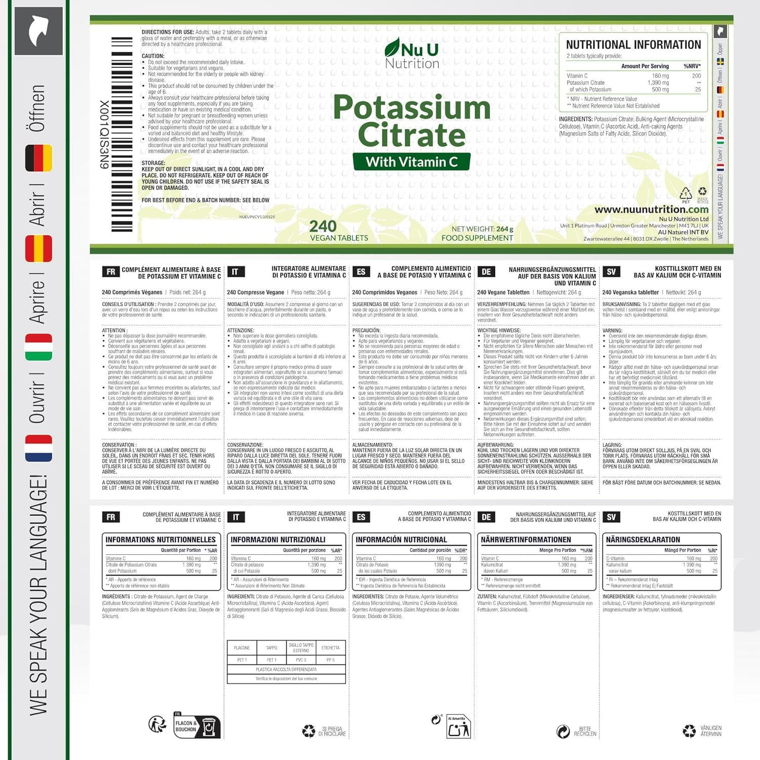 Potassium 1550mg & Vitamine C - 240 Comprimés Végétaliens - 4 Mois d’Approvisionnement - Citrate de Potassium à Forte Puissance - Support d'Électrolytes Naturels - Nu U Nutrition