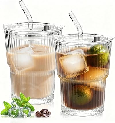 13oz Glass Tumbler with Straw and Lid, Leakproof Sealable Travel Cup, 400ml Insulated Glass Cup for Iced Coffee, Tea, Juice, Water (Ribbed 2Packs)
