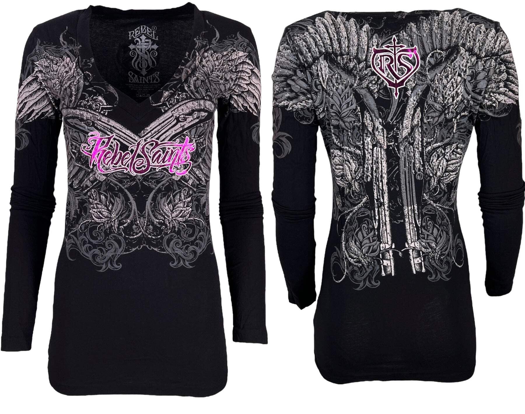Rebel Saint by Affliction Women's T-Shirt Ravenous L Black