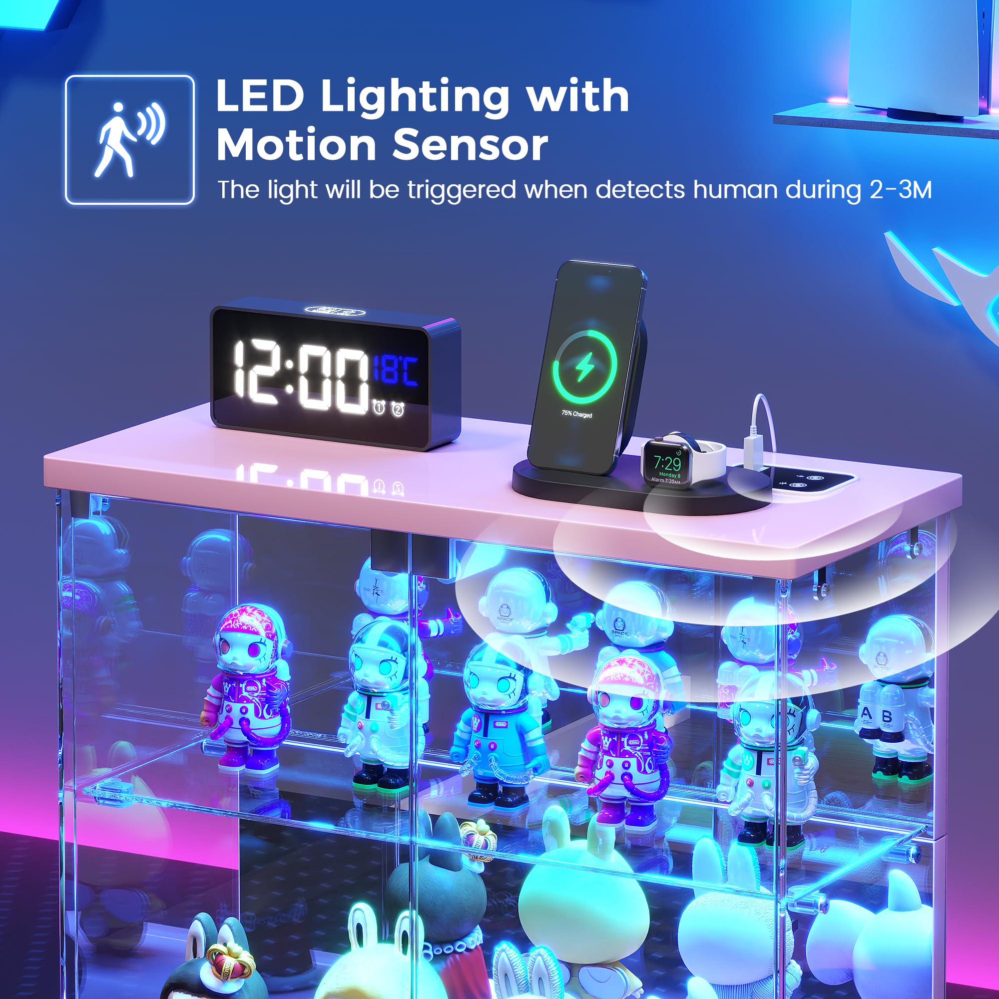 FREDEES Vitrina de cristal transparente con luz LED, compacta de 2 niveles con estación de carga y sensor de movimiento, para figuras de acción, coleccionables, modelos de coche y color rosa perfume