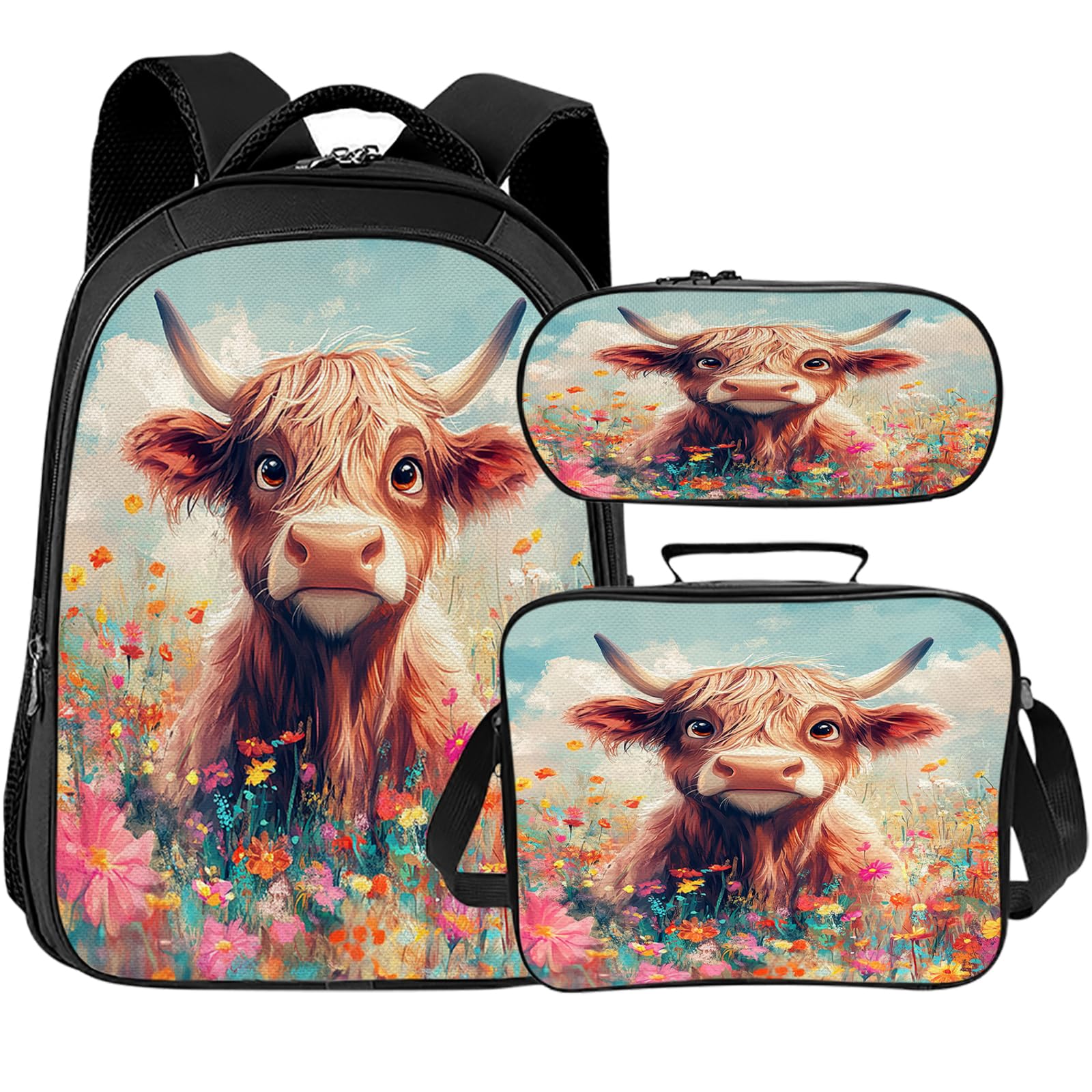 Baegopa Highland Cow Backpack for Kids Girls Boys School Bag Cute Backpacks With Lunch Pack Pencil Case 3pcs Children Bookbag Set