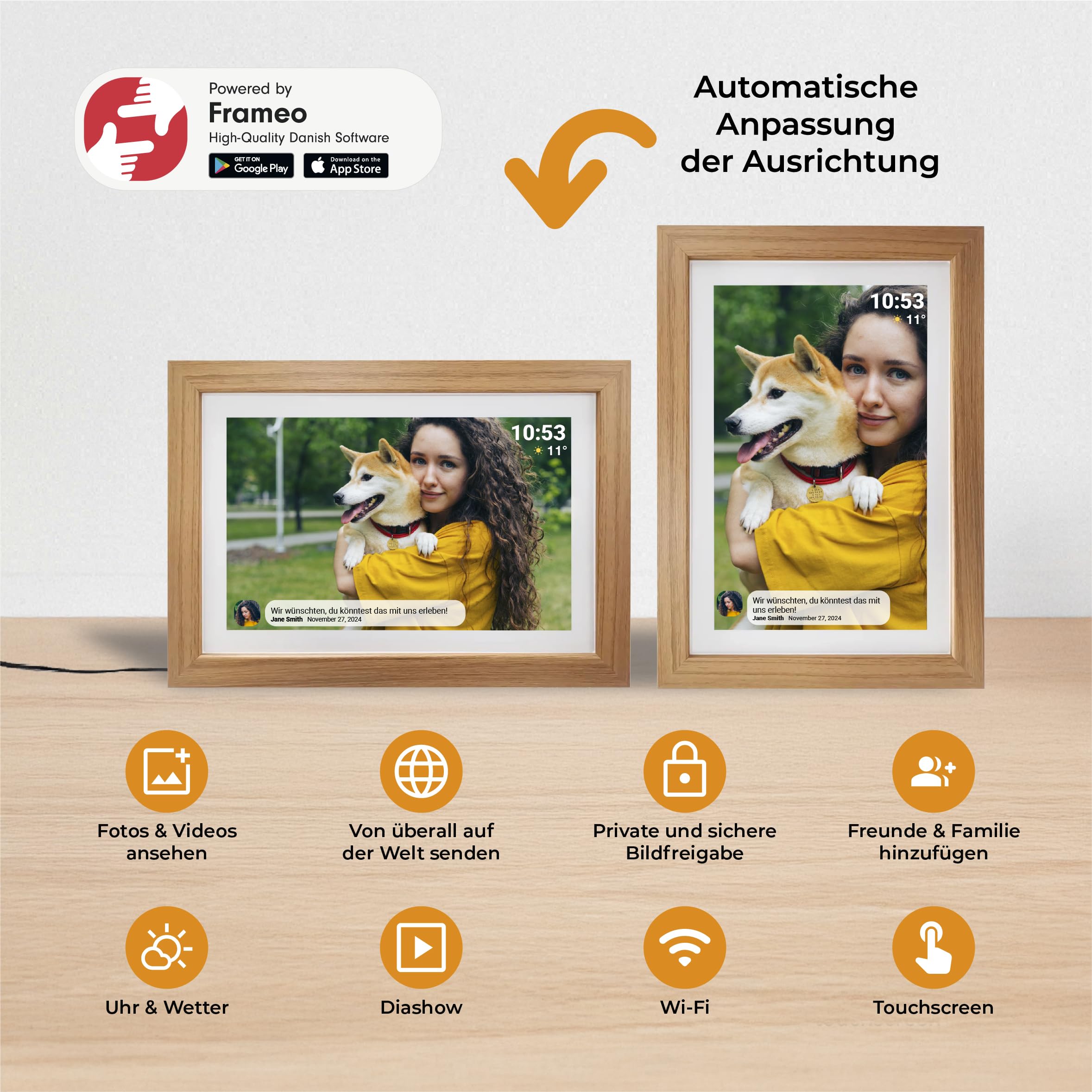 Denver Digitaler Bilderrahmen Holz 10,1 Zoll mit WLAN - FRAMEO Digital Photo Frame mit Touchscreen & 16 GB Speicher - Elektrischer Bilderrahmen mit App‑Steuerung - USB & microSD - Light Wood