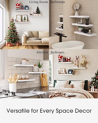 Miniatura 7 de BAYKA Estantes flotantes blancos para pared, estantes de pared de madera rústica con soportes de metal para baño, dormitorio, cocina o sala de