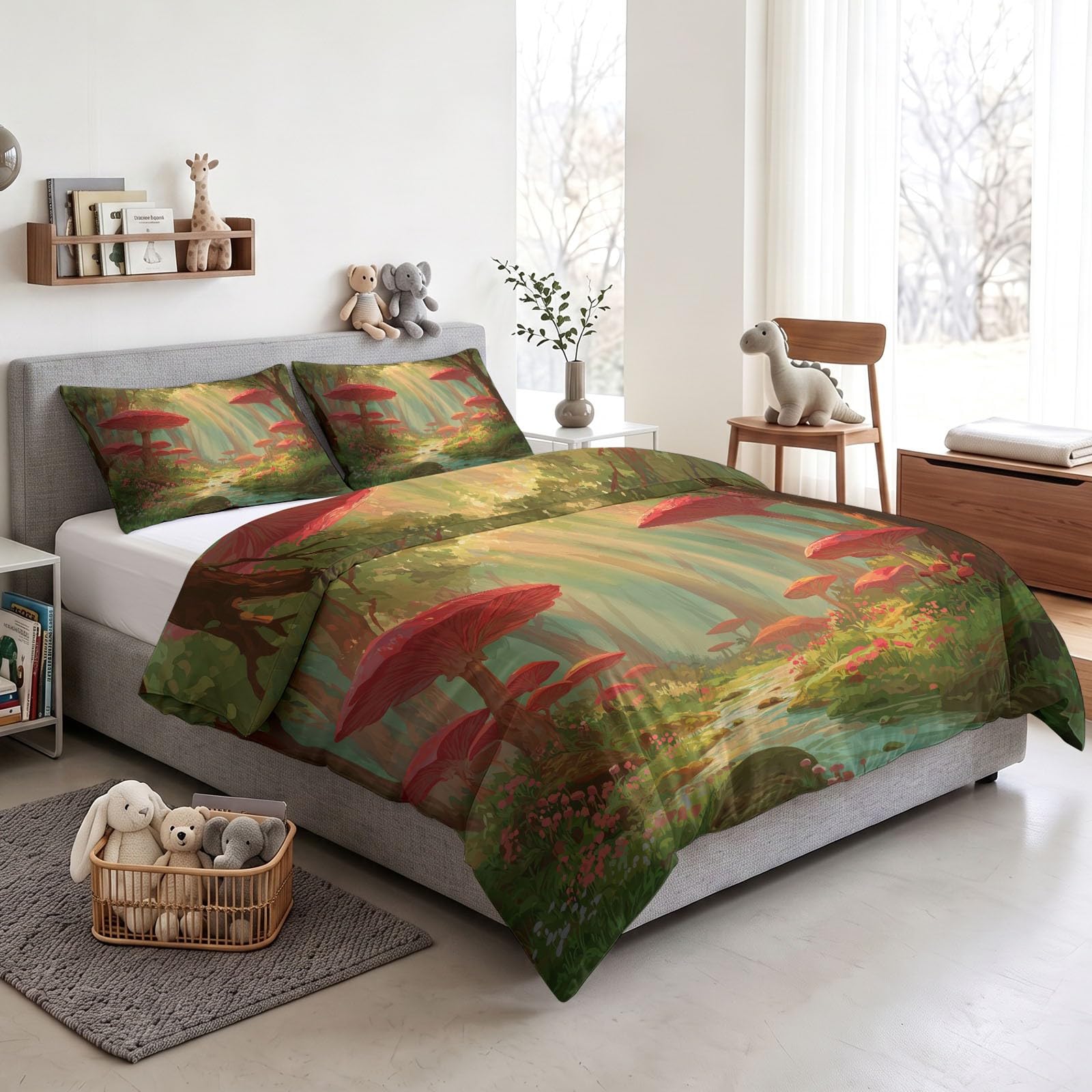 Dwustronna Natura Fantastyczna Poszwa na kołdrę Dekoracja 155 x 220 cm | Zestaw pościeli z miękkim zamkiem błyskawicznym, zestaw pościeli z grzybami leśnymi 2 poszewki na poduszki chłopcy dziewczęta