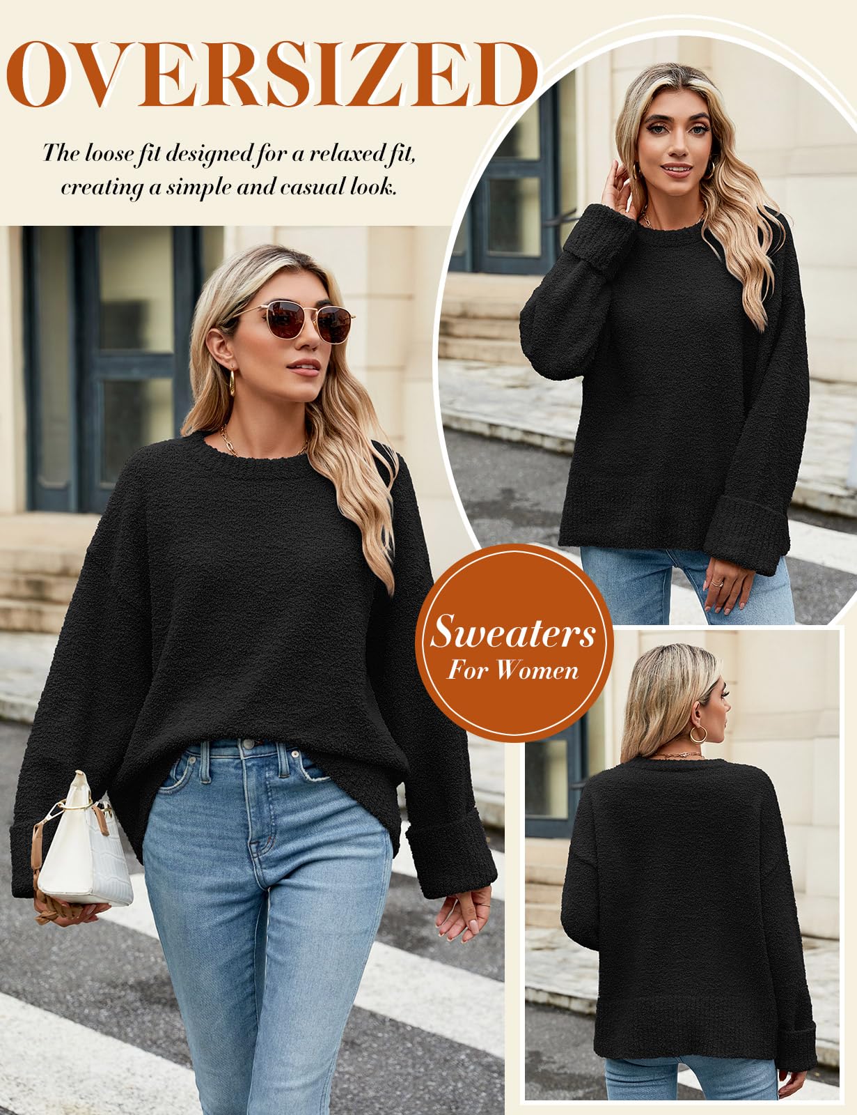 heekpek Maglione Donna Invernale Girocollo Caldo Maglia Donna Manica Lunga Morbido Casual Sciolto Maglione a Maglia Oversize Tops Autunno
