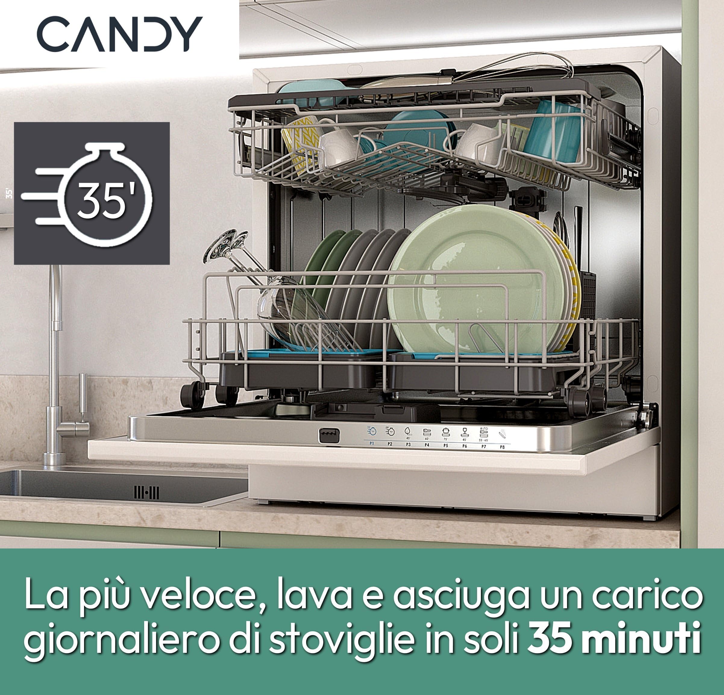 Candy Rapido' CP 8F9FFW Lavastoviglie Compatta, 8 Coperti, 8 Programmi, Lavaggio e asciugatura in 35', Partenza ritardata, AxLxP 59,5x50,1x55 cm, Bianco [Classe di efficienza energetica F]