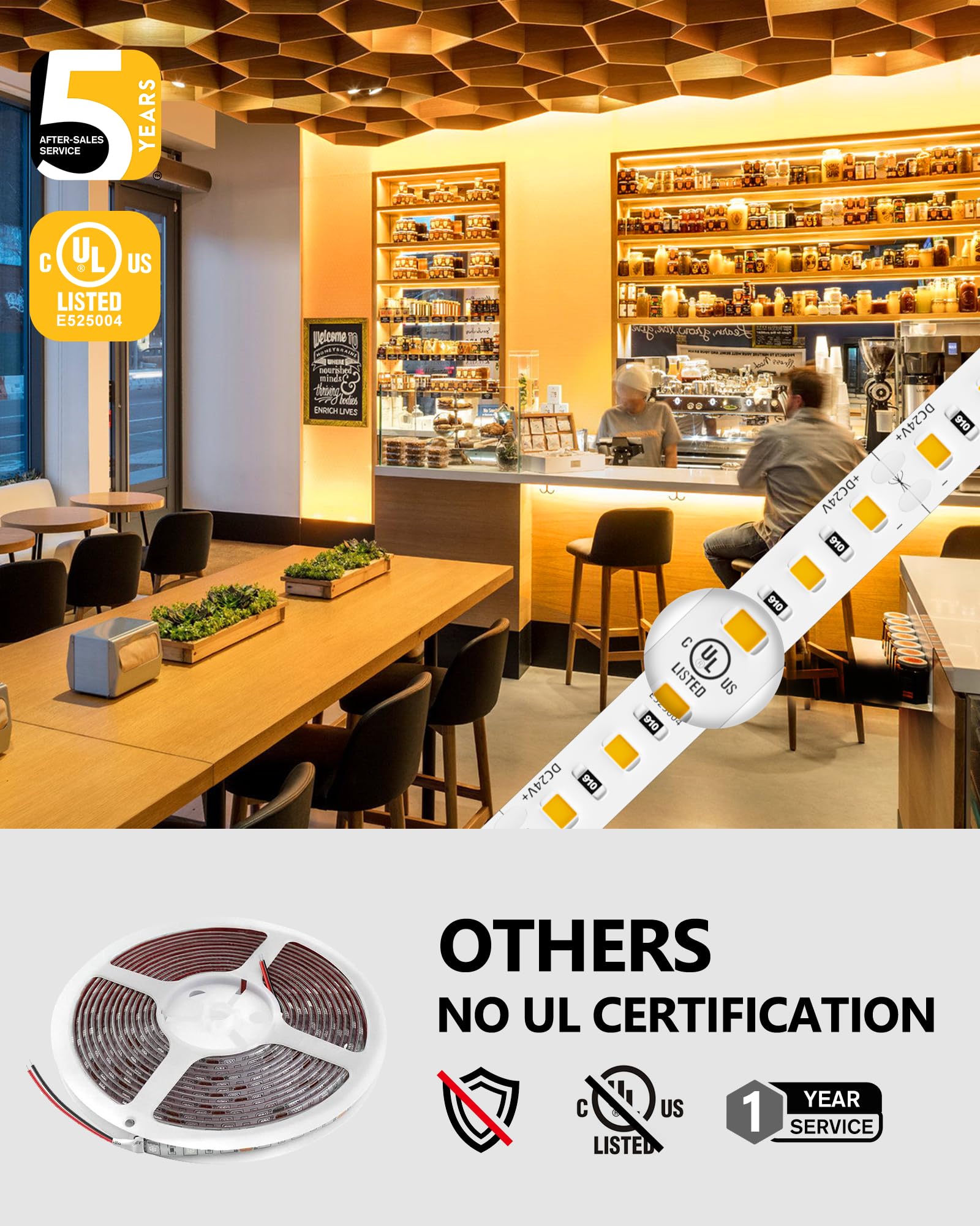 EMITEVER - Tira de luces LED de 2700 K, UL 24 V, cinta LED de luz blanca cálida, Ra 95+, IP30, 32.9 pies, 240 lúmenes/pies, 1200 LEDS/carrete, certificación UL (fuente de alimentación se vende por