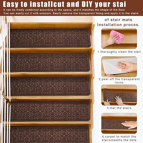 Miniatura 3 de 15 peldaños de escalera para escalones de madera para interiores con autoadhesivo, 8 x 30 pulgadas, antideslizantes, para despegar y pegar, alfombra