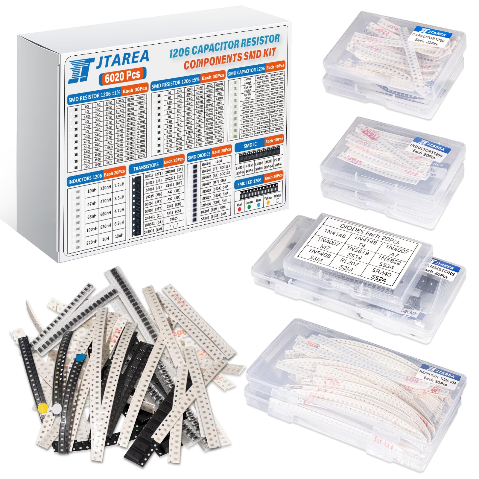 6020 Piezas 1206 SMD Kit Surtido de Componentes Electrónicos con 1% Resistencias 5% Resistencia Condensadores LED Diodos Transistores IC Inductores DIY Electronica Componente Assortment Set